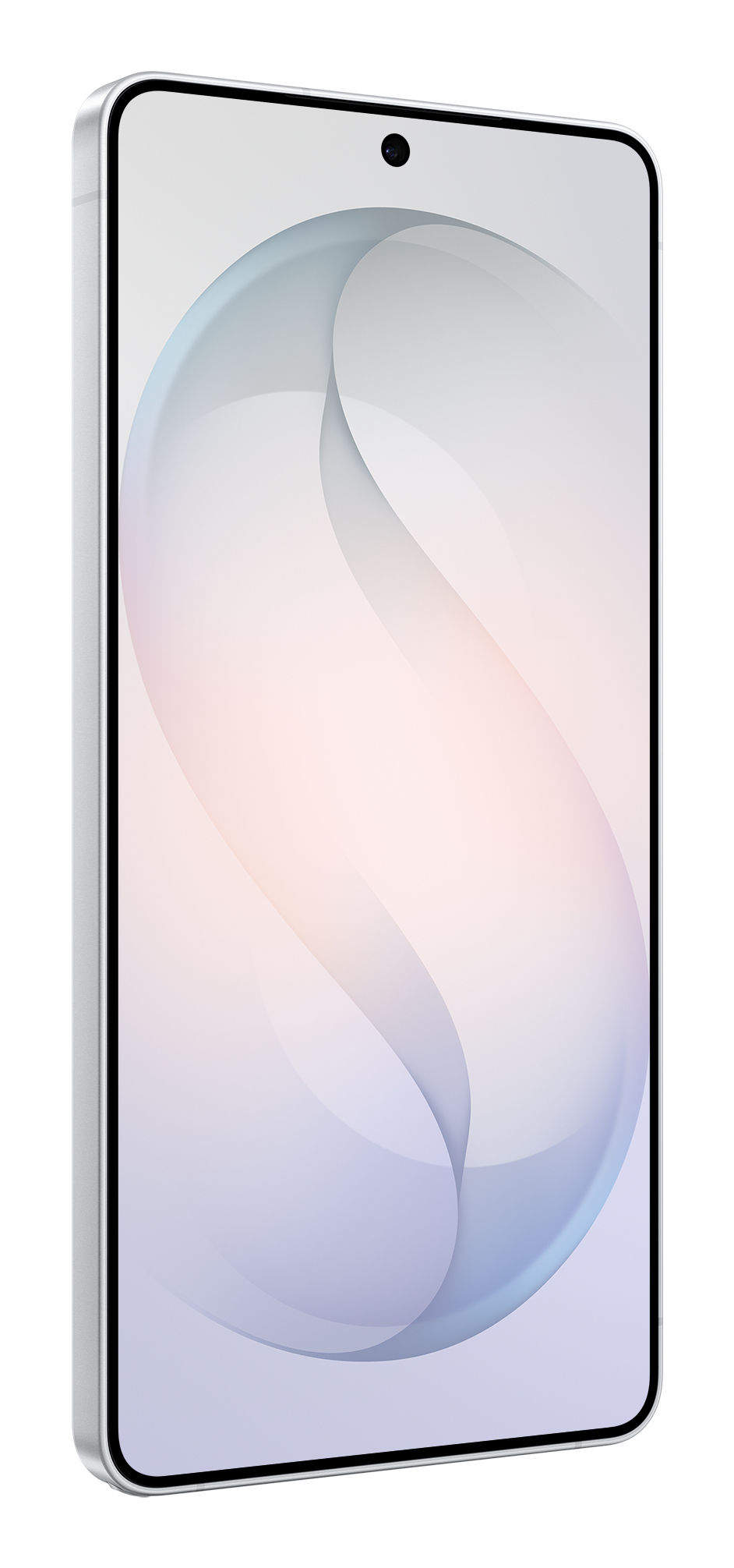 Uno smartphone bianco con uno sfondo astratto azzurro e rosa visualizzato sullo schermo.