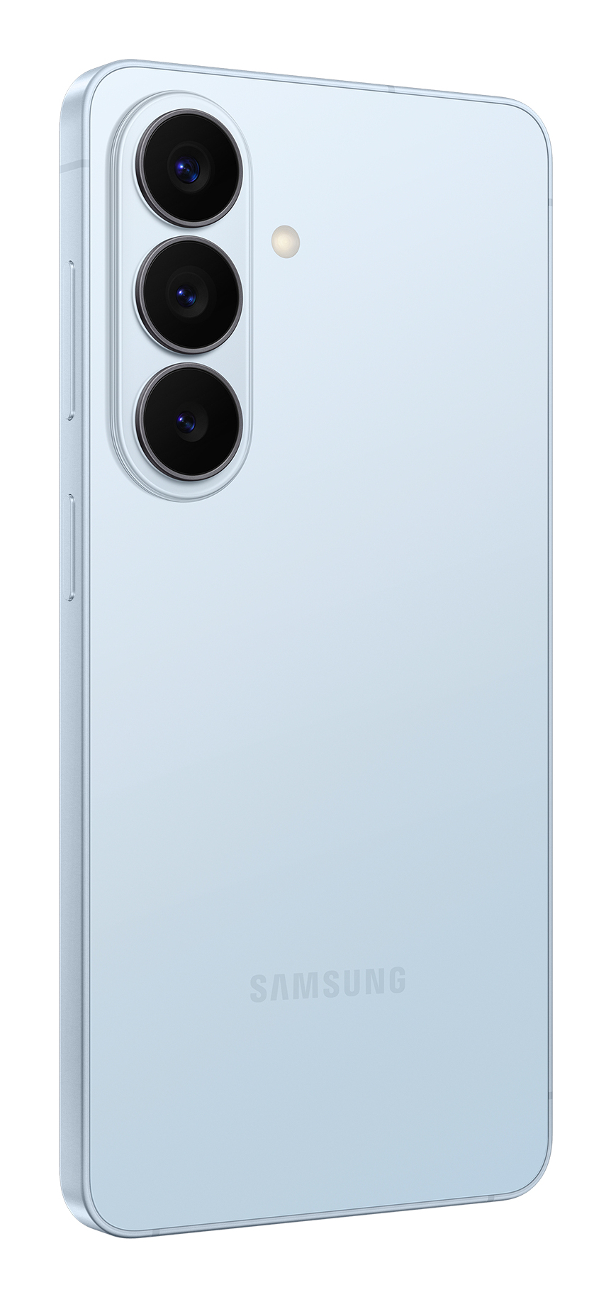 Retro di uno smartphone Samsung azzurro con tre fotocamere verticali e il logo Samsung.