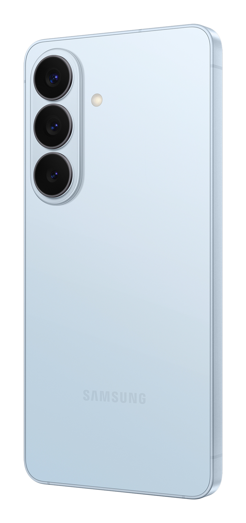 Smartphone Samsung azzurro che mostra il retro con tre fotocamere e il logo Samsung in basso.