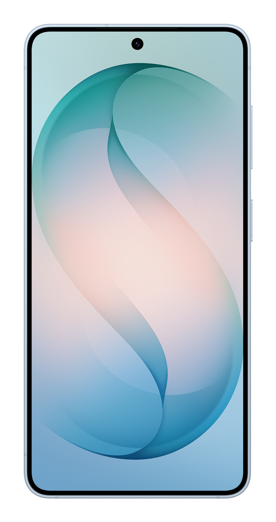 Uno smartphone con un design curvo astratto blu e bianco sullo schermo.