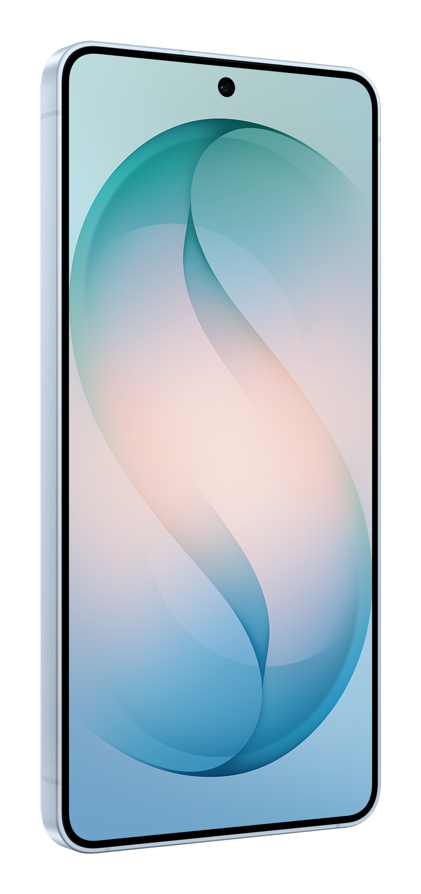 Uno smartphone bianco con uno sfondo ondulato azzurro e rosa sullo schermo.