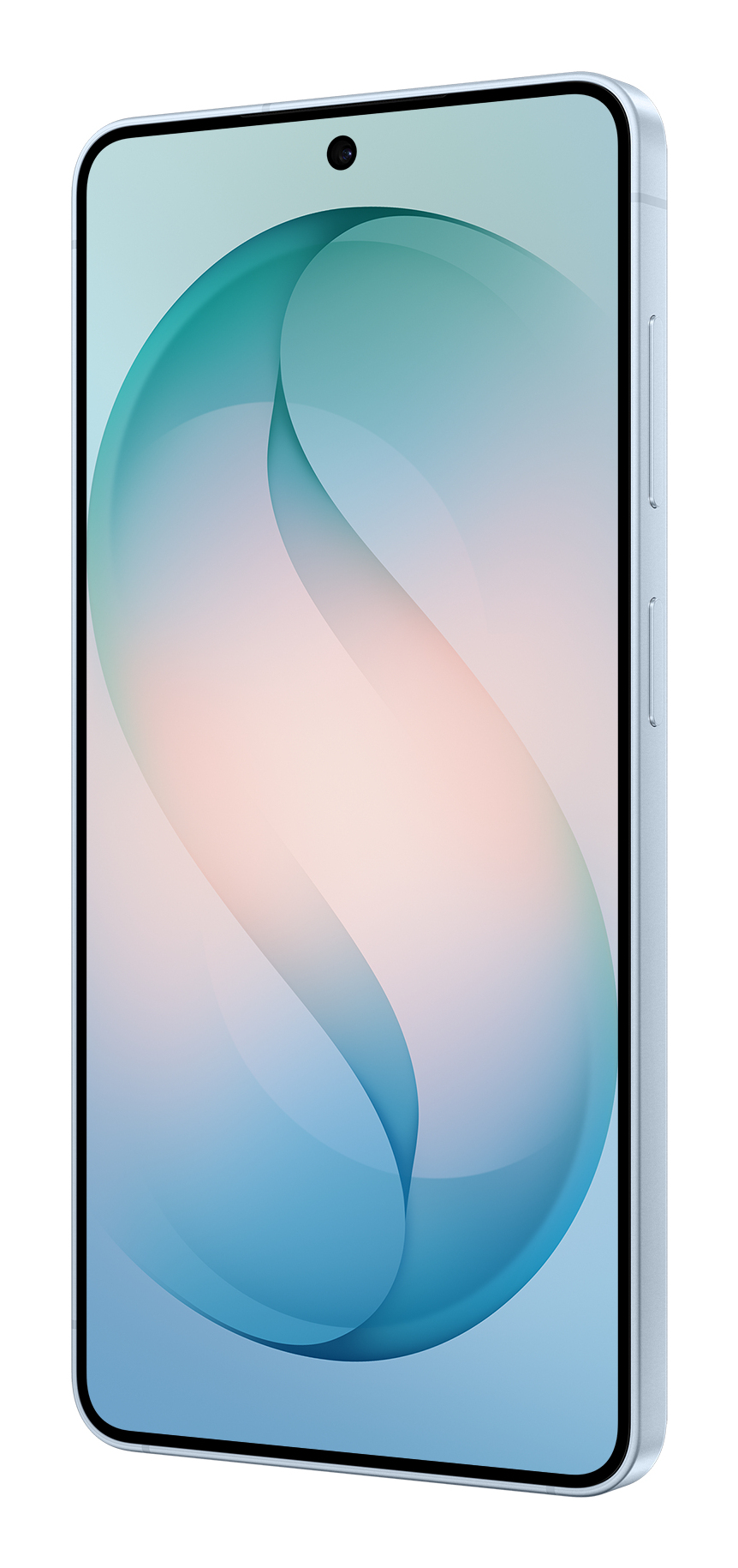 Uno smartphone azzurro mostra uno sfondo astratto con onda turchese e fotocamera centrale.
