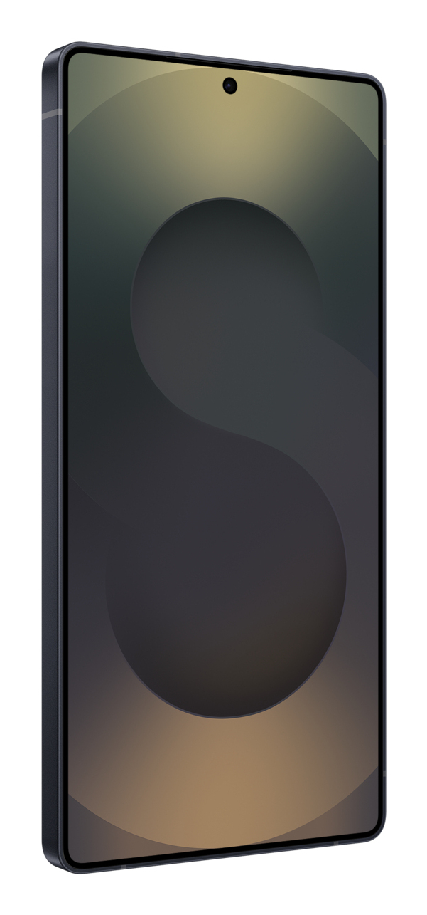 Uno smartphone elegante con scocca scura, ampio display e foro per fotocamera frontale centrato.