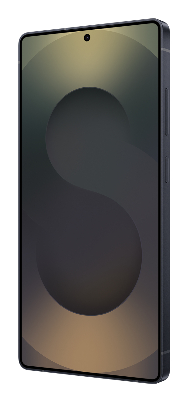 Uno smartphone scuro ed elegante con display curvo mostra un sottile motivo astratto su sfondo bianco.