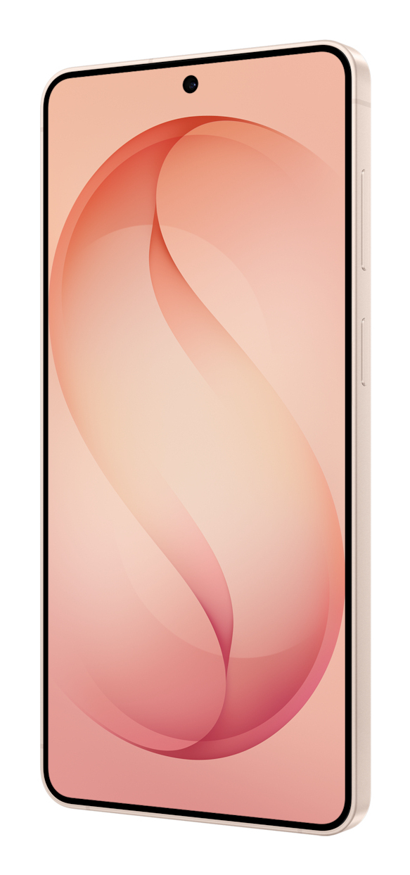Ein roségoldenes Smartphone zeigt ein abstraktes Pfirsich- und Rosa-Wellenmuster auf dem Bildschirm.