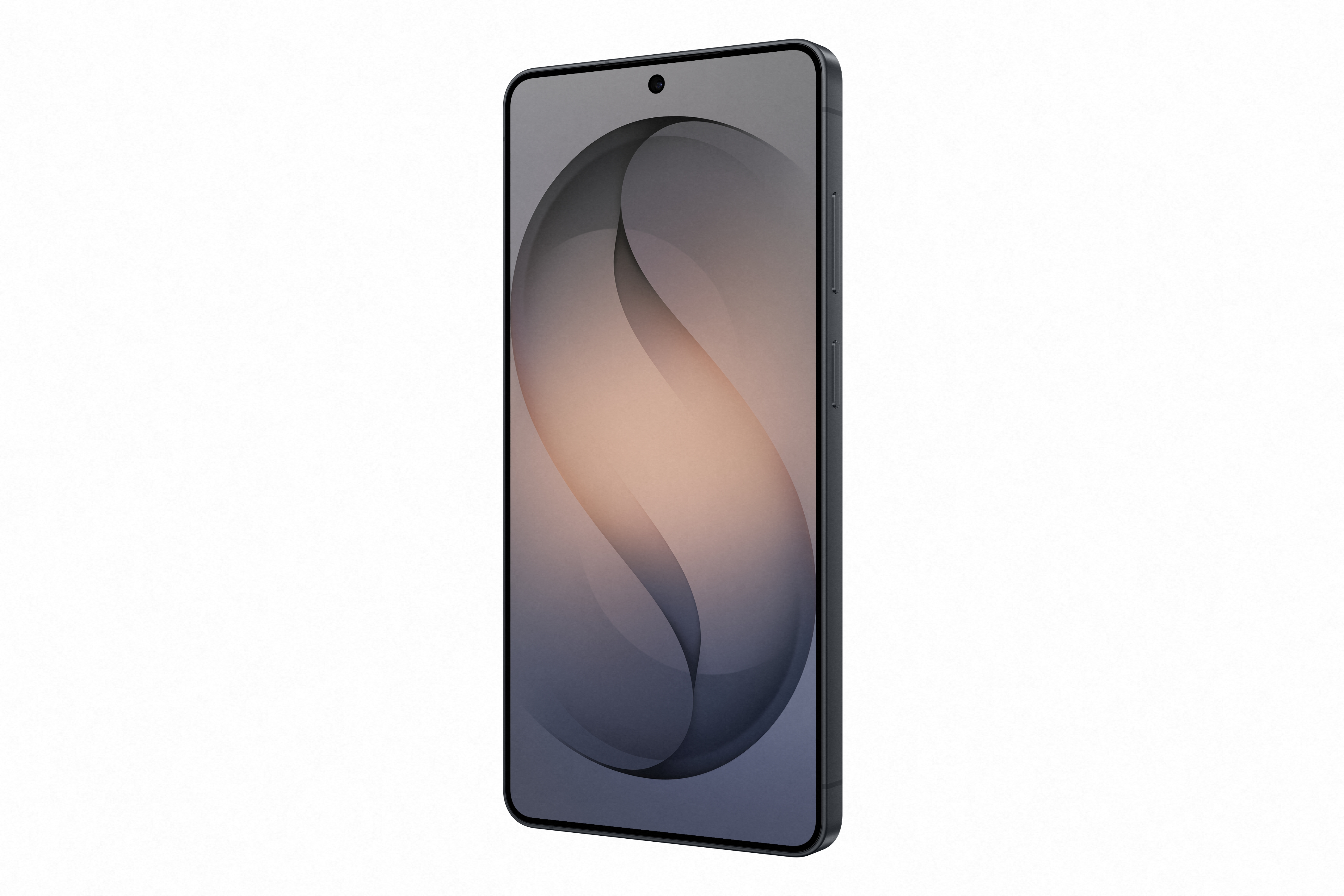 Ein schwarzes Smartphone mit einem geschwungenen, dunklen abstrakten Muster auf dem Bildschirm gegen weißen Hintergrund.