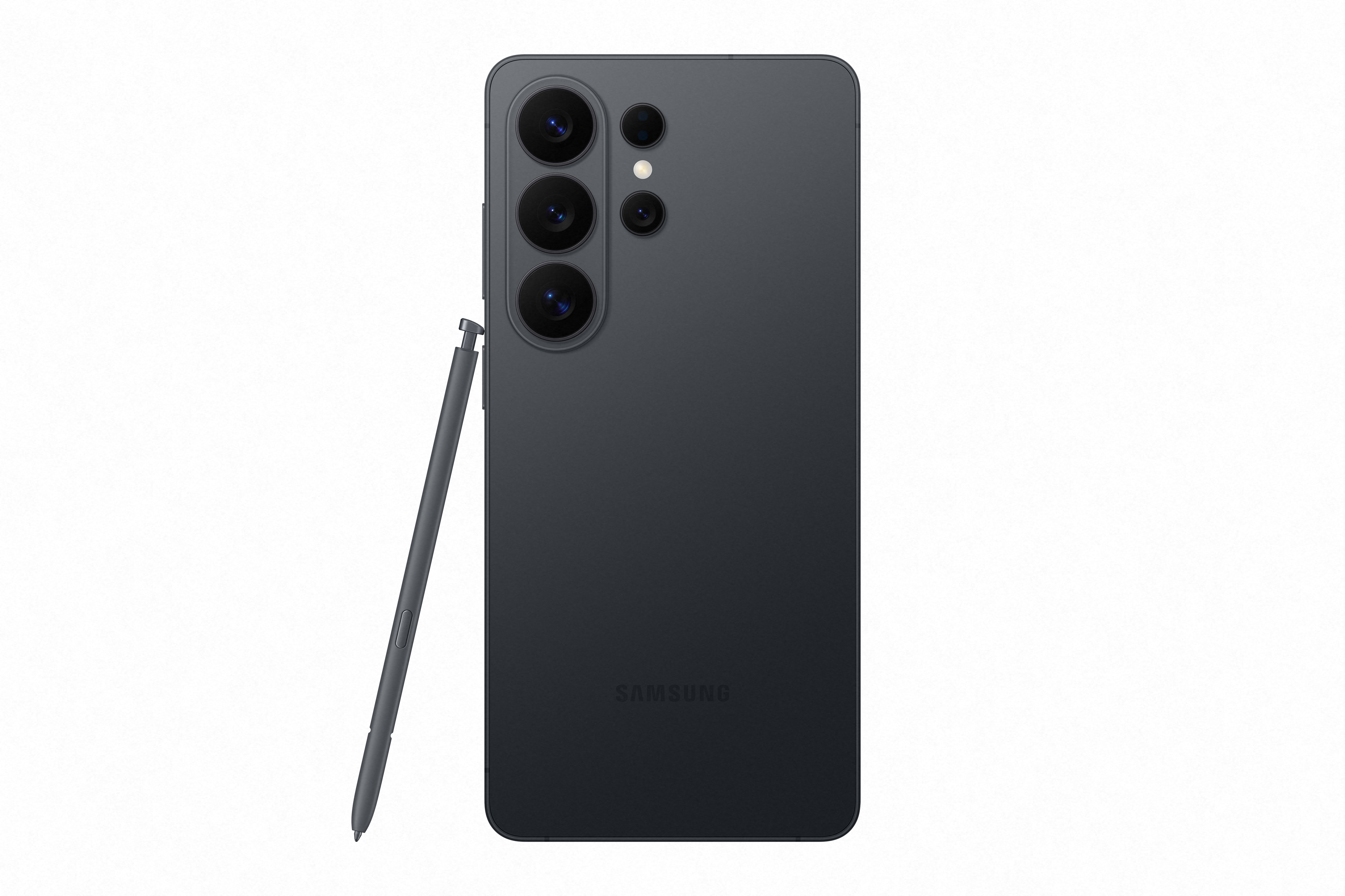 Dunkelgraues Samsung-Smartphone mit Kamera auf der Rückseite und danebenliegendem Stift vor weißem Hintergrund.