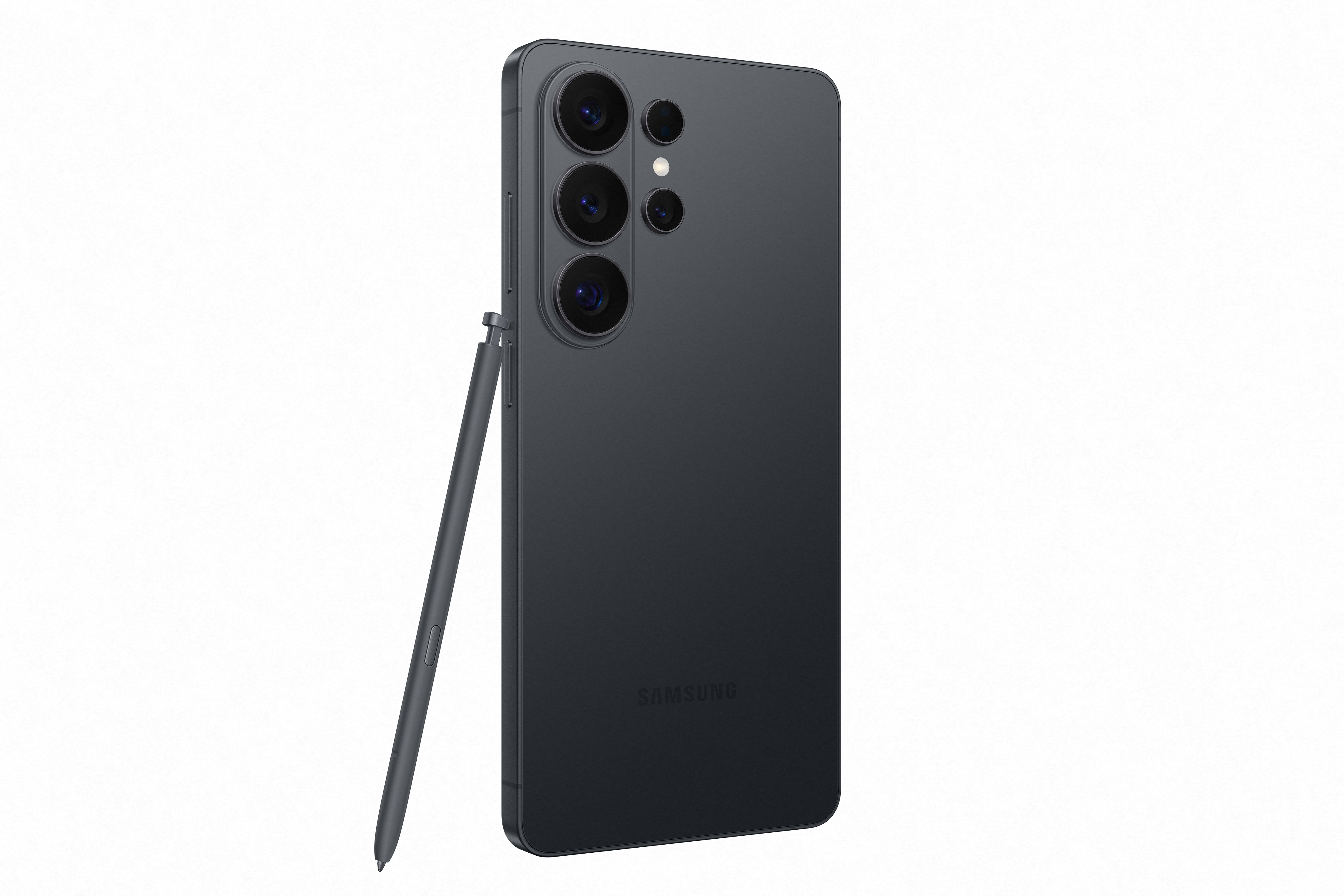 Ein dunkelgraues Samsung-Smartphone mit mehreren Rückkameras und passendem Eingabestift auf weißem Hintergrund.