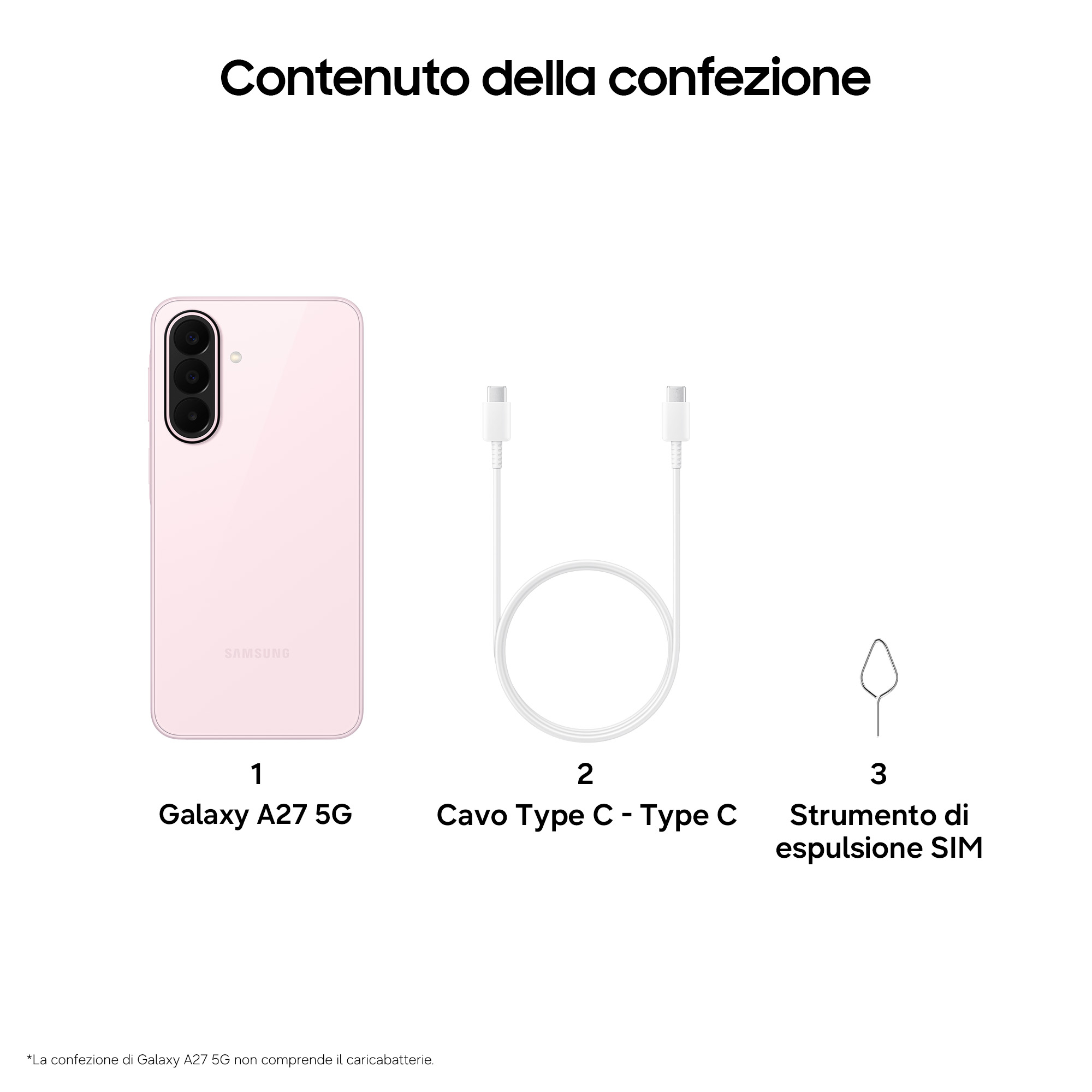 Paketinhalt für ein rosa Samsung Galaxy A27 5G mit USB-C-Kabel und SIM-Auswurfwerkzeug.