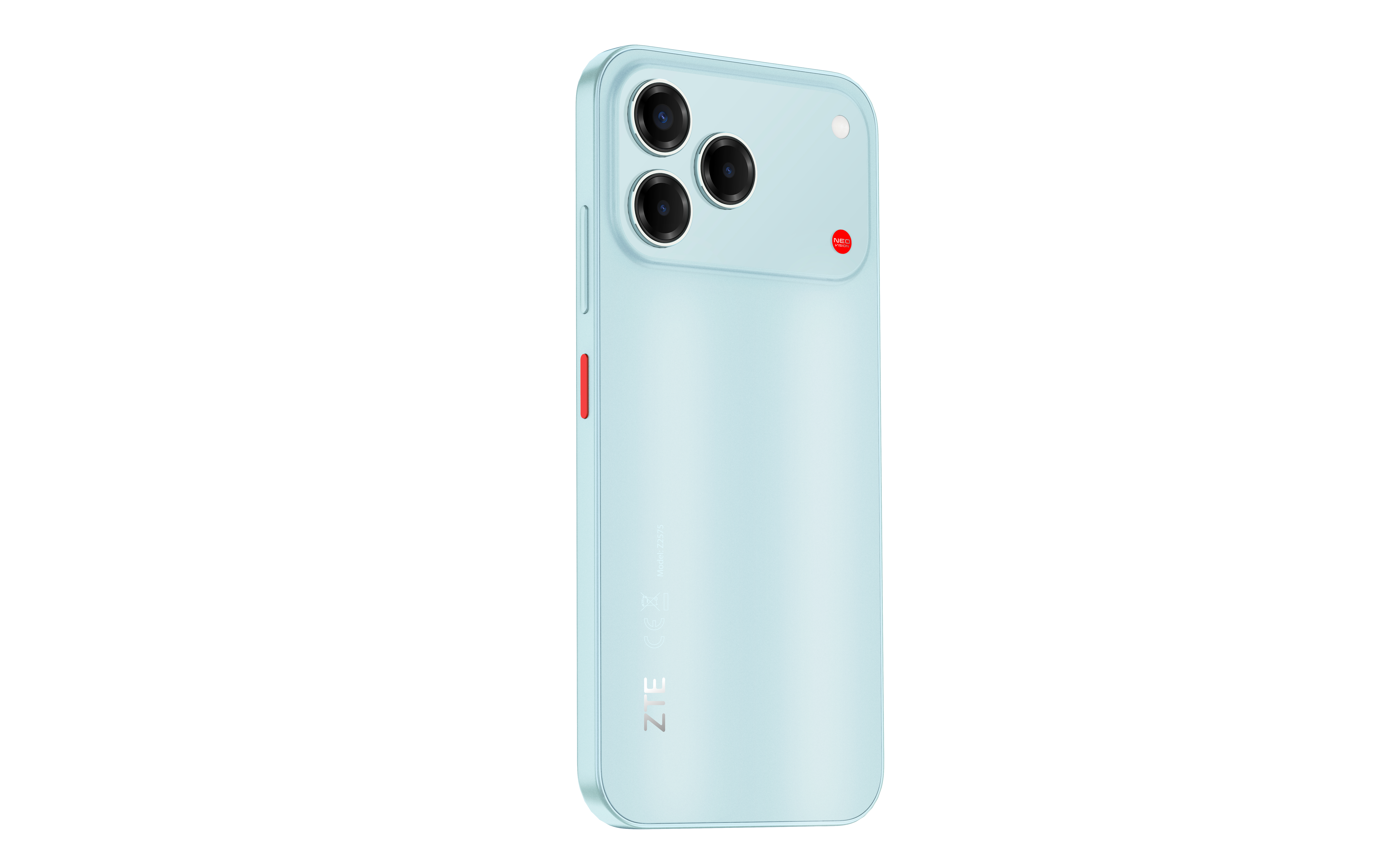 Jasnoniebieski smartfon widziany od tyłu, z trzema obiektywami i czerwonym akcentem.