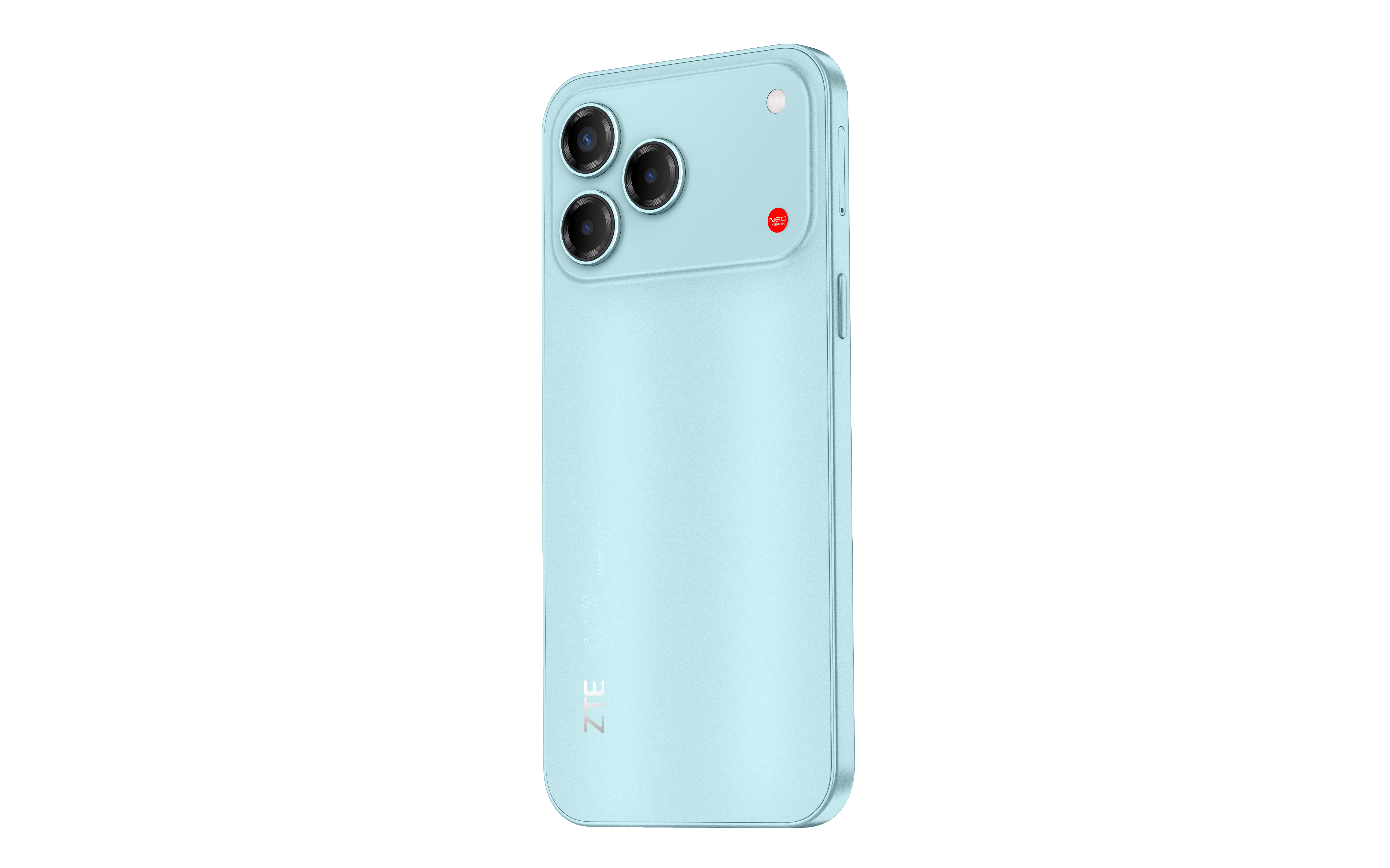 Jasnoniebieski smartfon pokazuje tył z trzema aparatami, lampą błyskową i małym czerwonym logo.