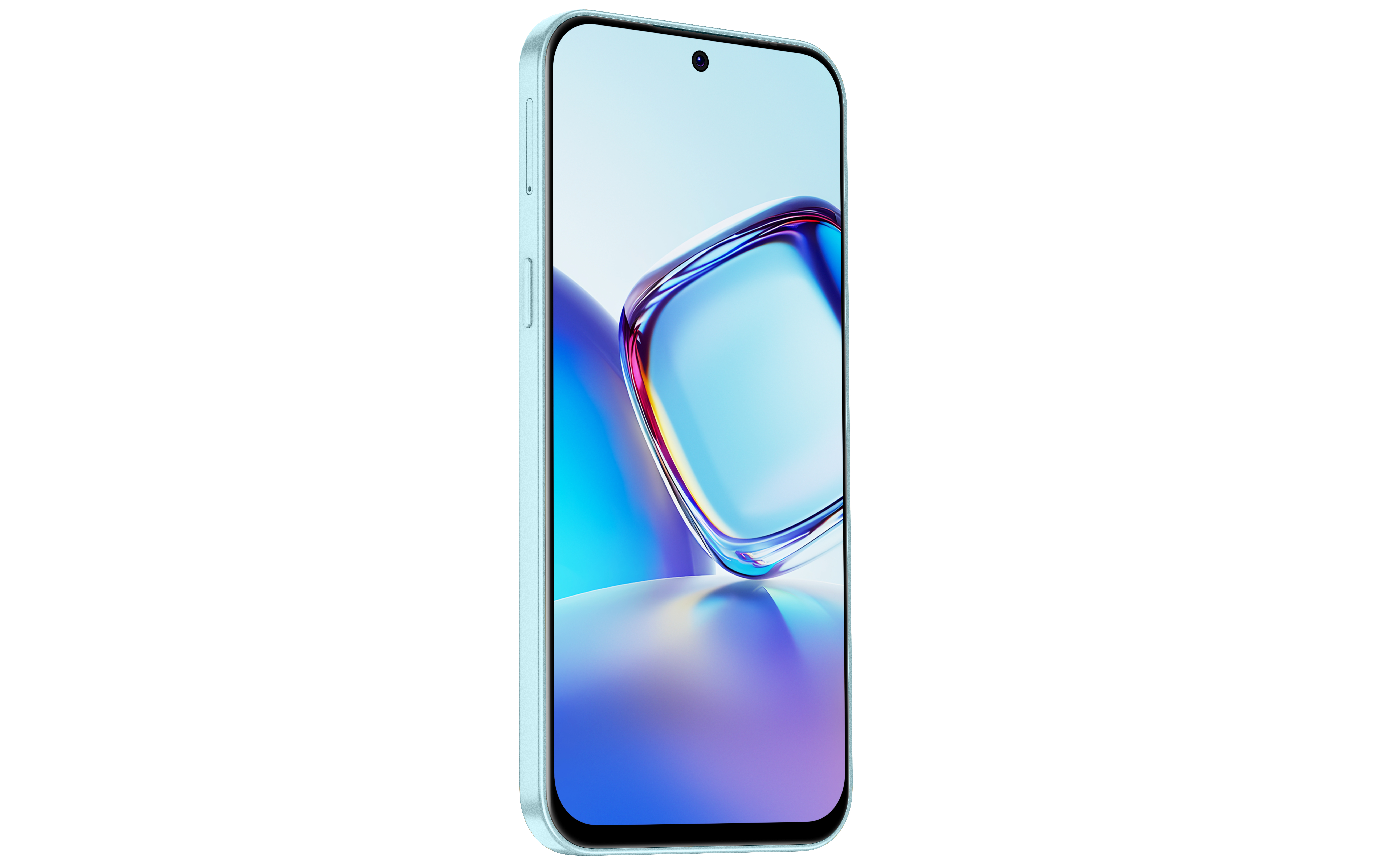 Jasnoniebieski smartfon z żywą, abstrakcyjną niebieską tapetą ekranu i zaokrąglonymi rogami.