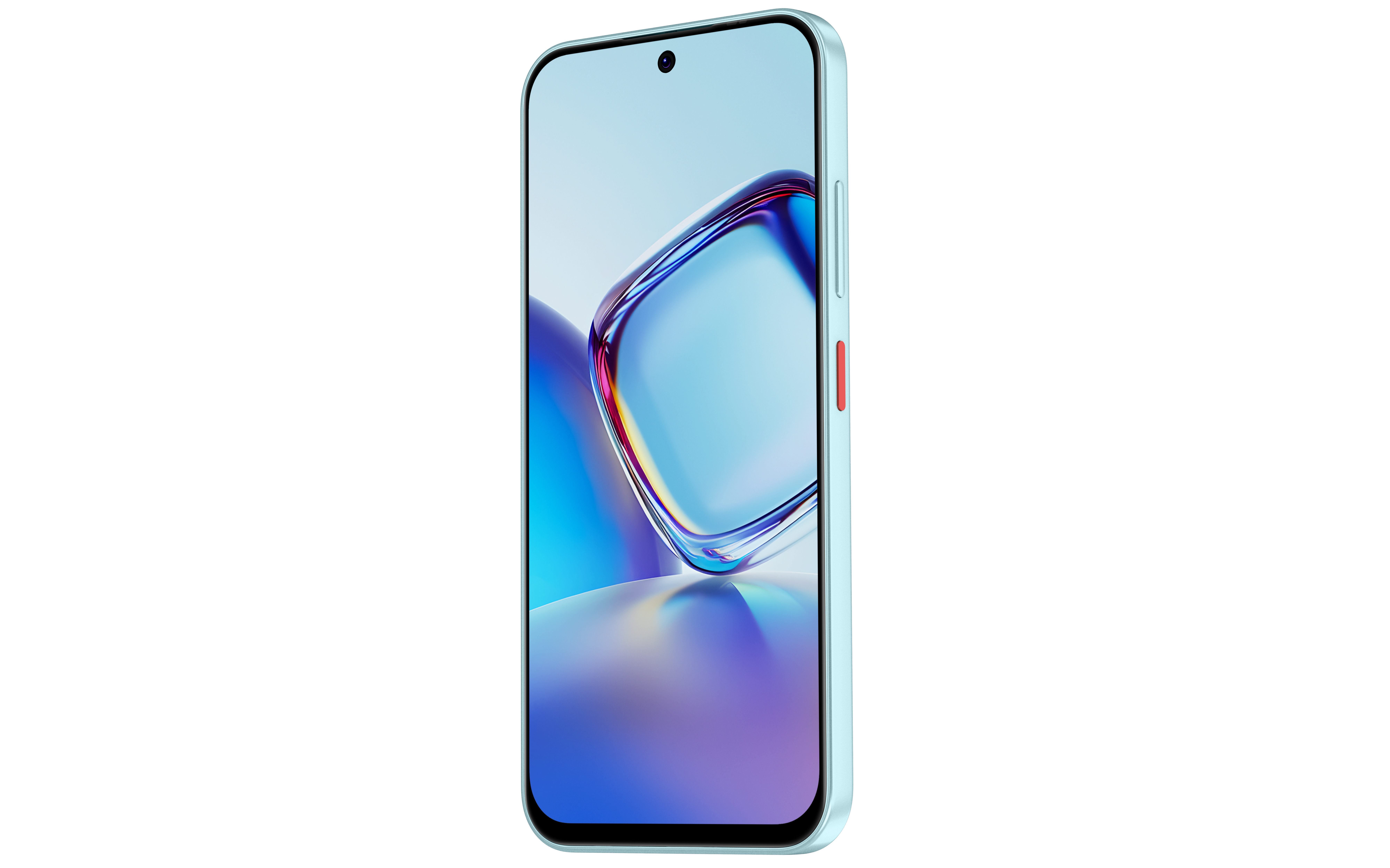 Jasnoniebieski smartfon z kolorowym ekranem i czerwonym przyciskiem.