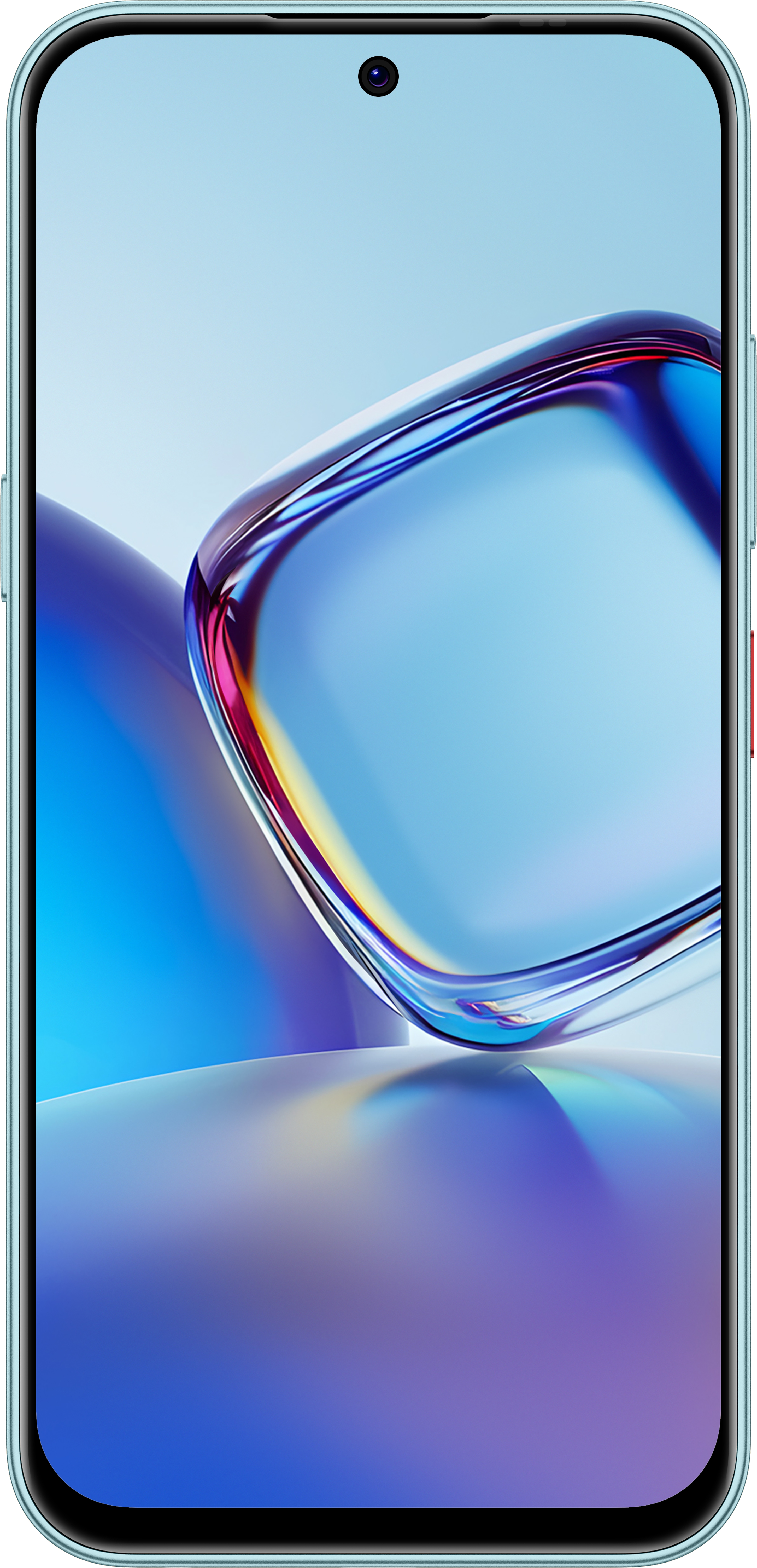 Smartfon wyświetlający niebieską grafikę abstrakcyjną na ekranie.