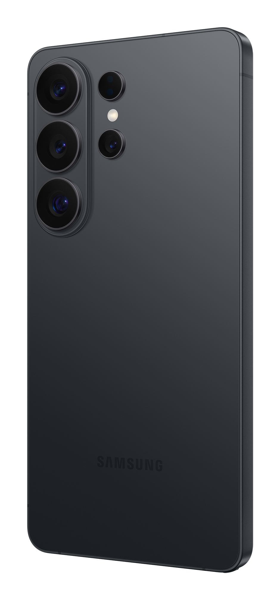 Retro di uno smartphone Samsung grigio scuro con tre obiettivi verticali e logo Samsung in basso.