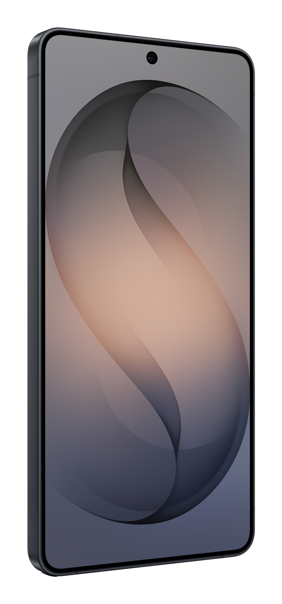 Uno smartphone con cornice scura e motivo astratto curvo sullo schermo.