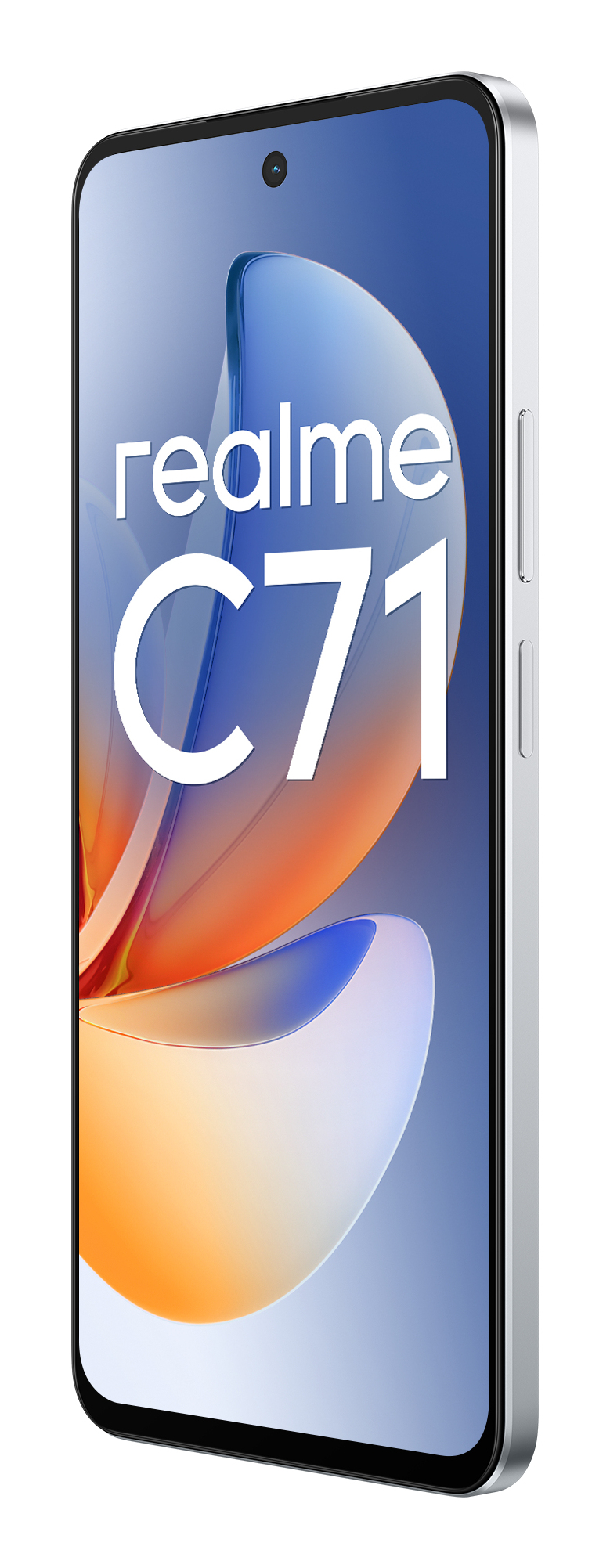 Ein silbernes Realme C71 Smartphone mit farbenfrohem Display und physischen Tasten an der Seite.