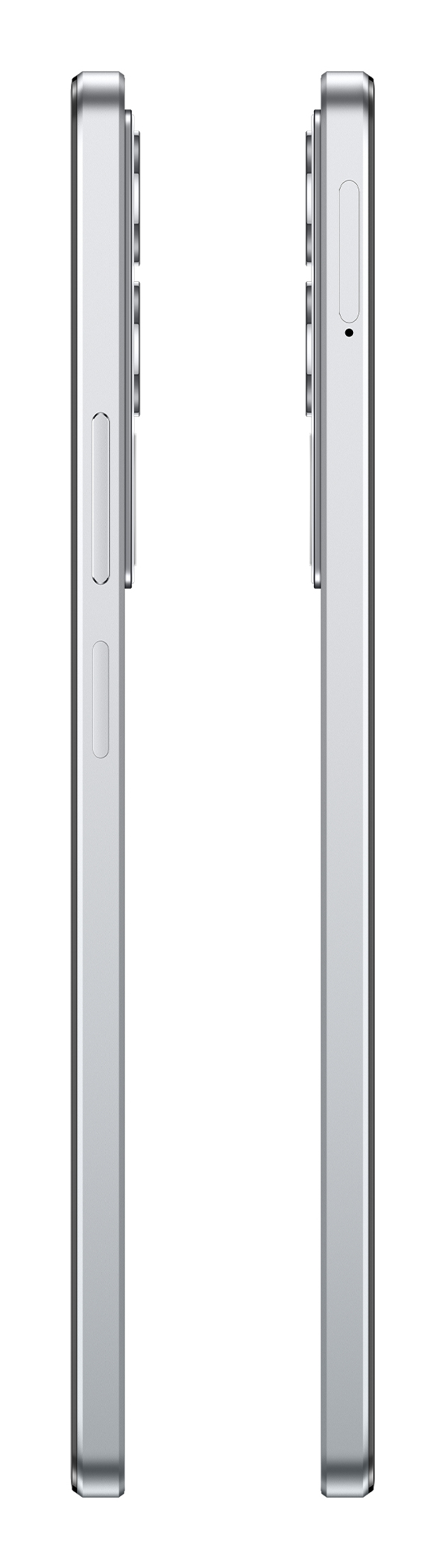 Seitenansicht eines silbernen Smartphones mit Tasten und Anschlüssen auf weißem Hintergrund.