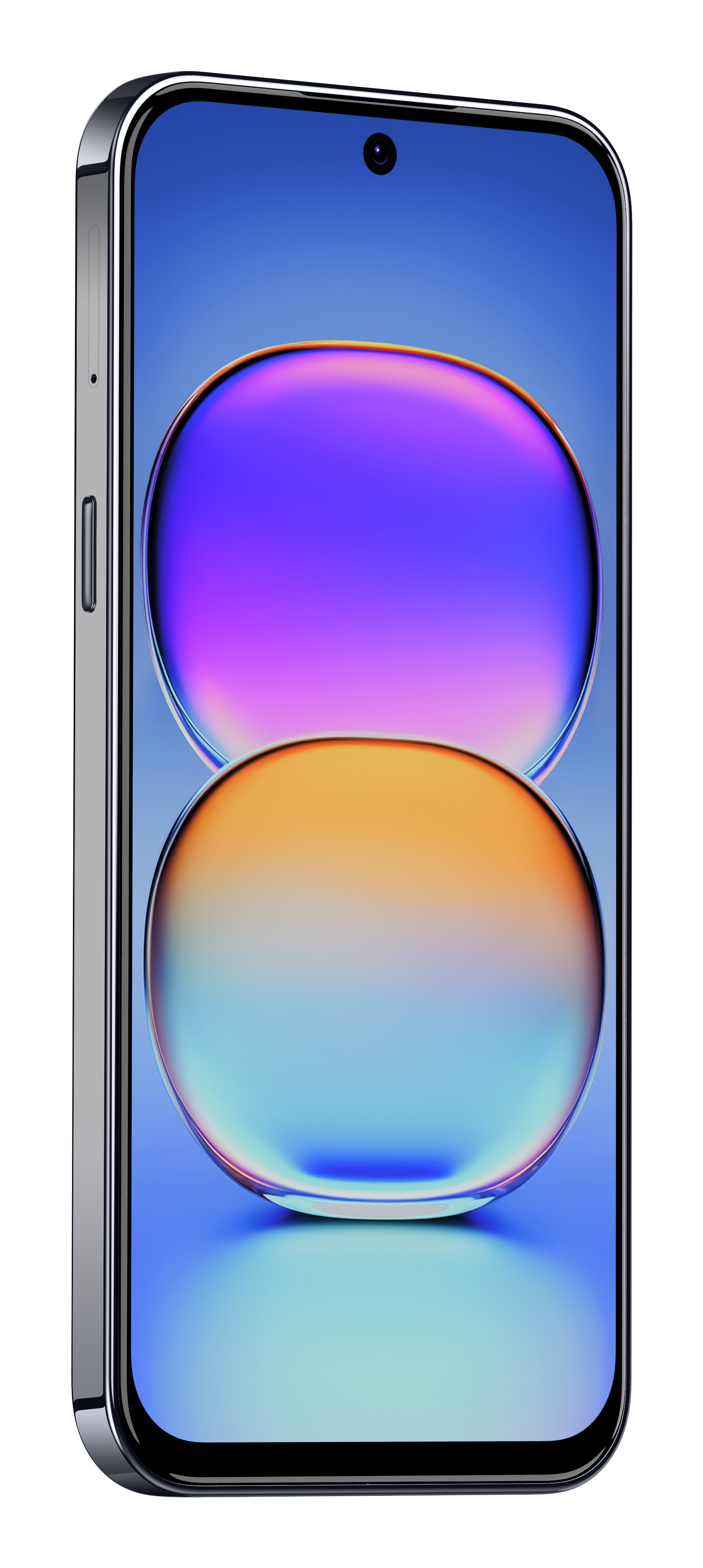Smartfon z niebieskim ekranem przedstawiającym dwie świecące kule na tle.