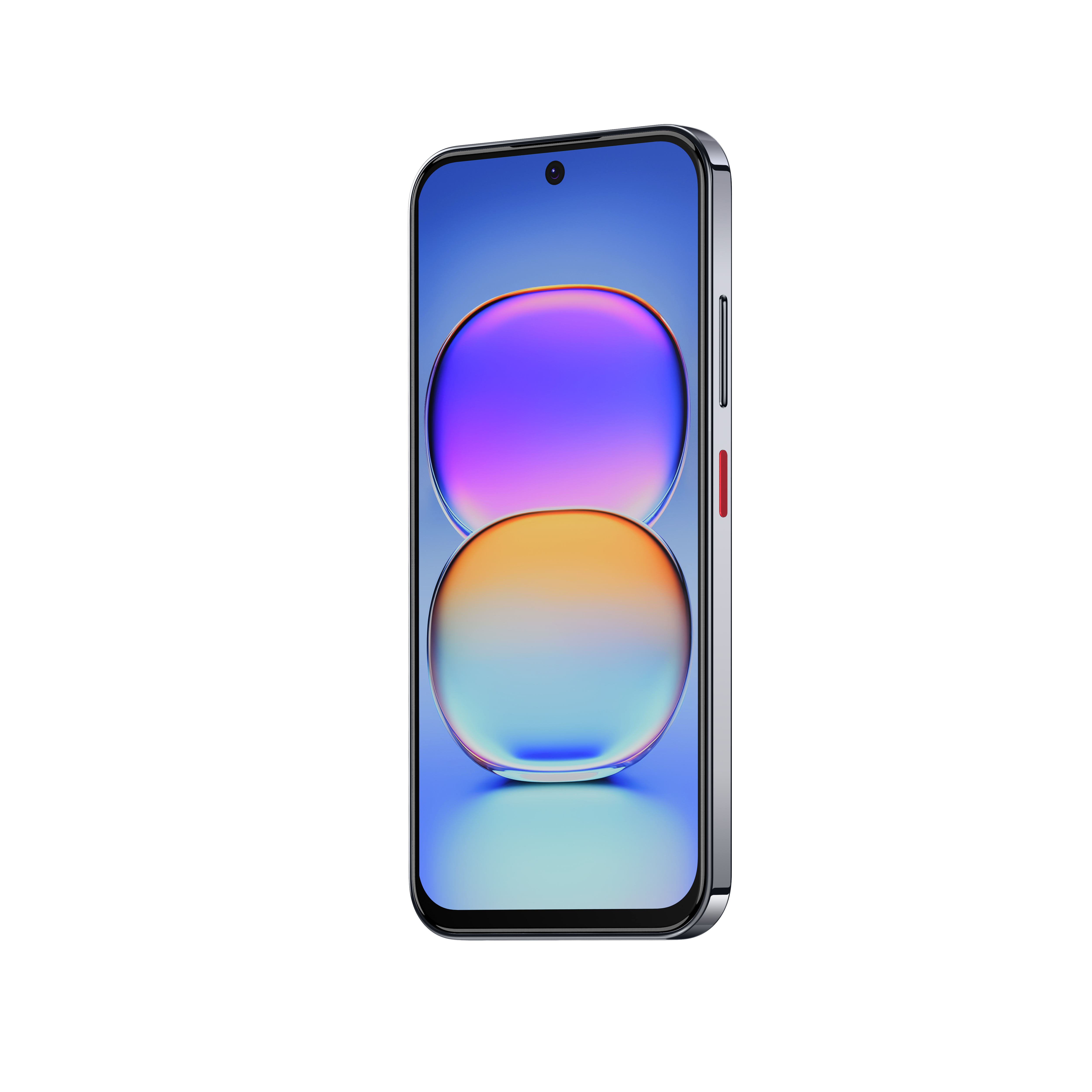 Smartfon z kolorową abstrakcyjną tapetą i czerwonym przyciskiem z boku, na białym tle.