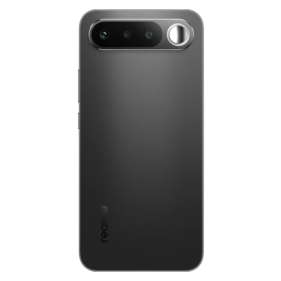 Parte trasera de un smartphone Realme gris con módulo de cámara horizontal.