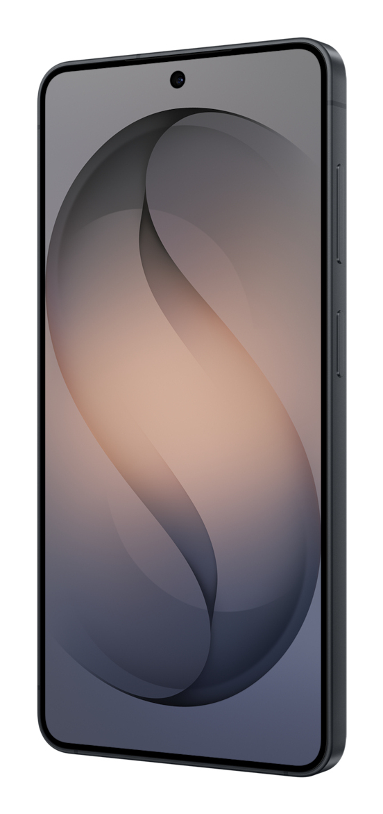 Un teléfono inteligente con marco oscuro muestra un patrón abstracto y curvo en la pantalla.