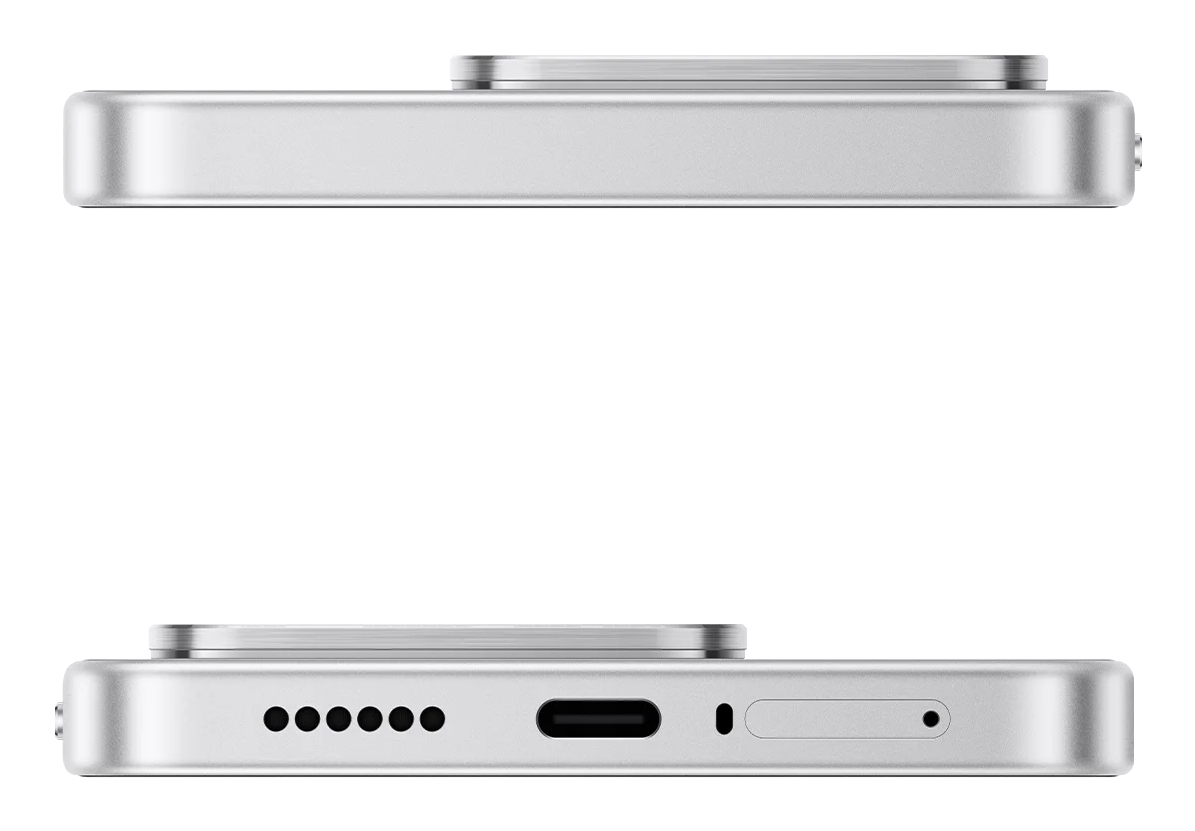 Vista dei bordi dello smartphone argento con porte e modulo fotocamera.