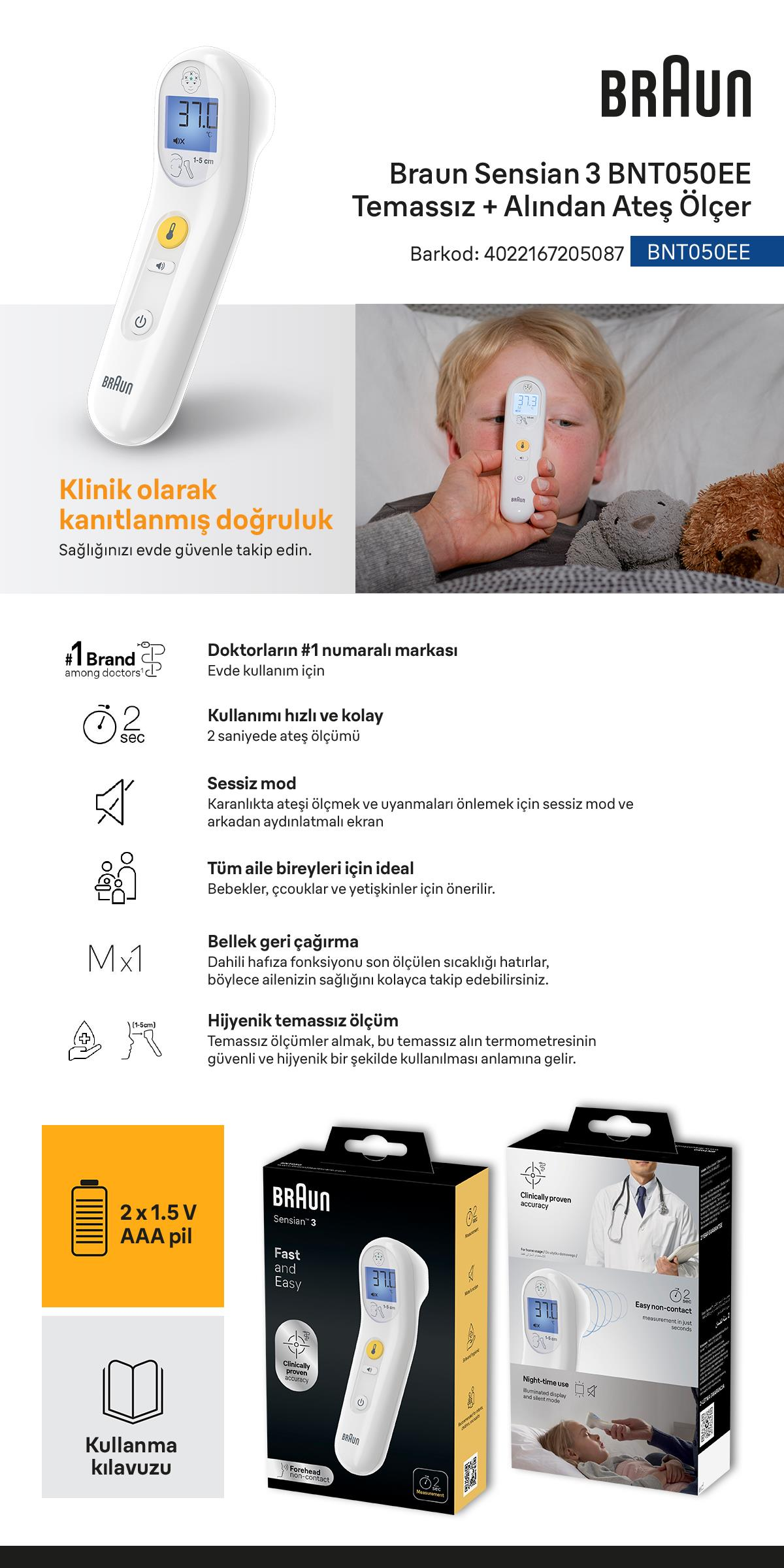 Braun Sensian 3 temassız alın ateş ölçer ürün reklamı, özellikleri ve kutusu ile birlikte.