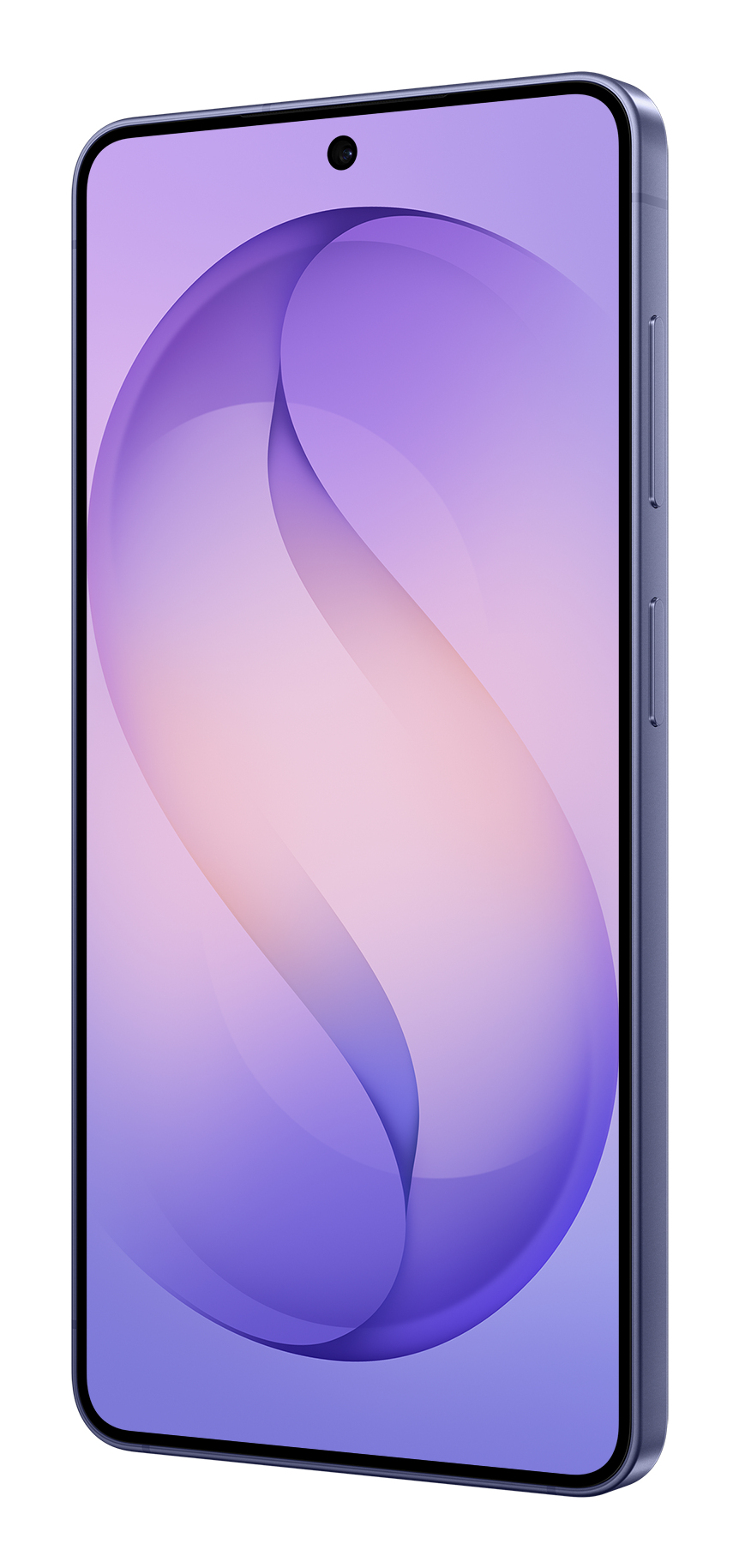 Uno smartphone viola con uno sfondo curvo e pulsanti laterali fisici sulla destra.