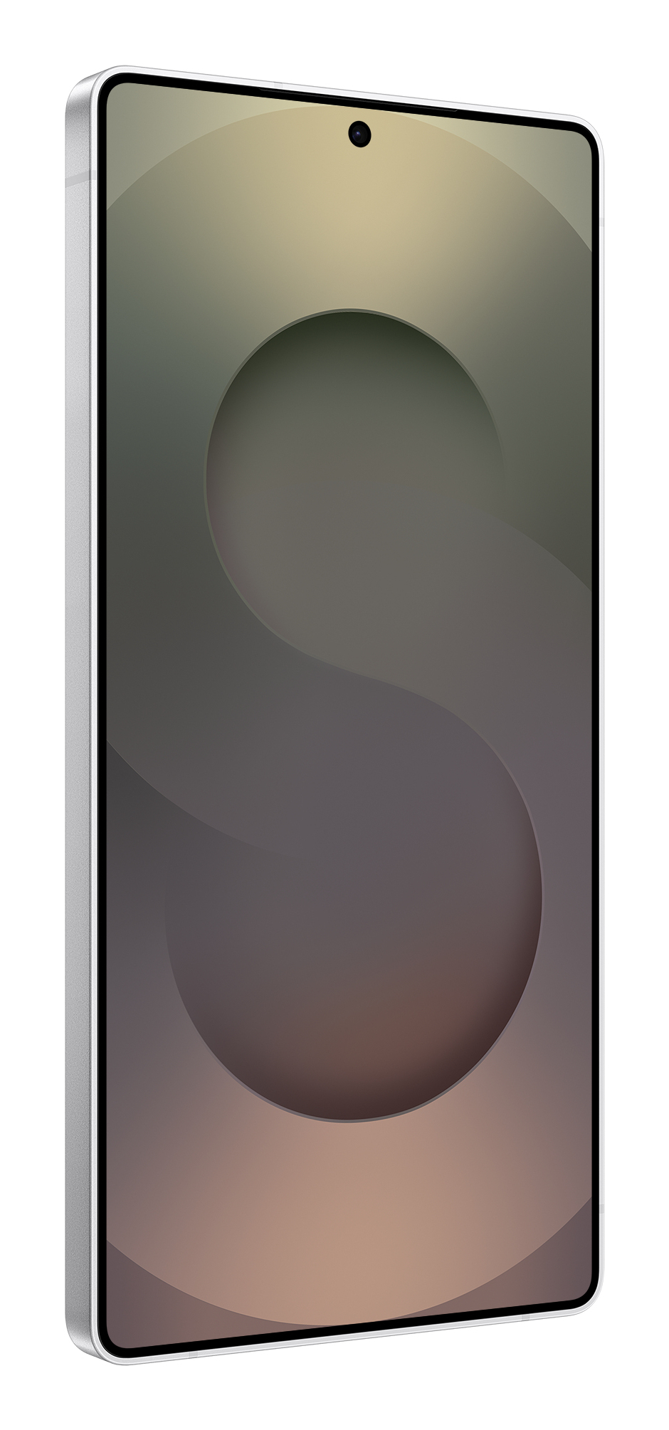Un elegante smartphone argento con un design astratto a onde grigie e beige sullo schermo.