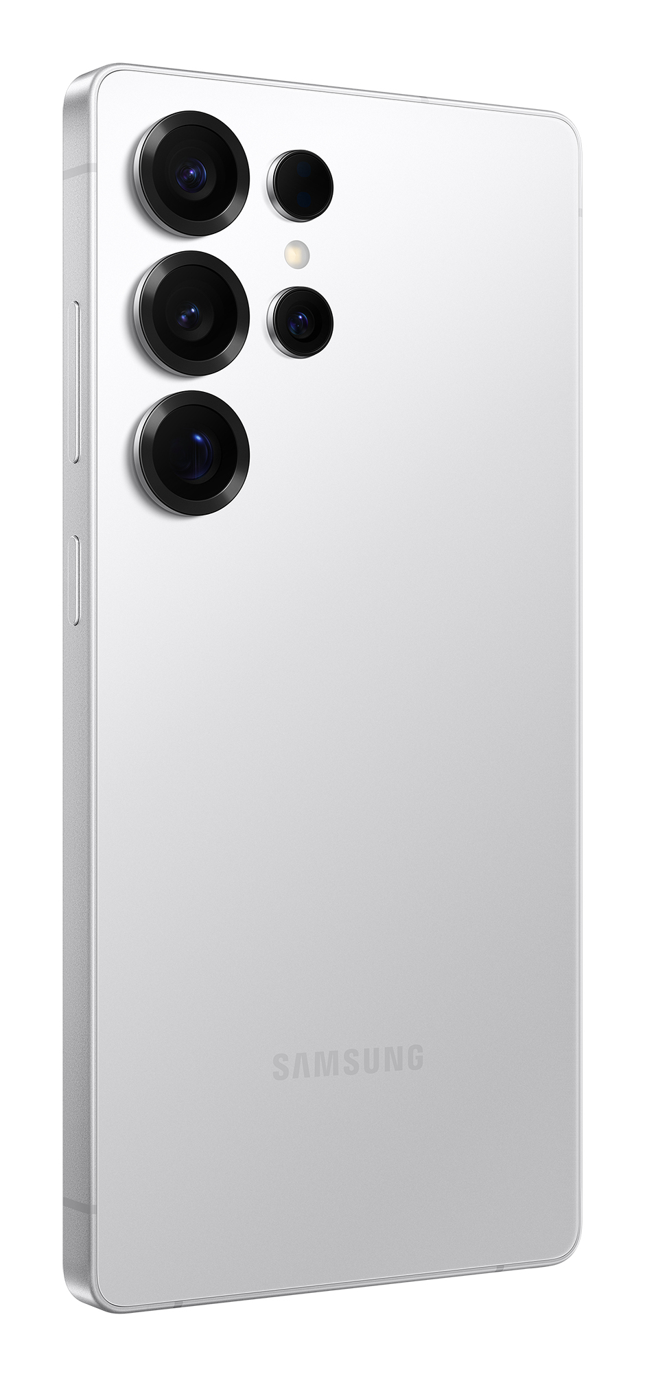 Retro di uno smartphone argento con cinque obiettivi fotografici e il logo Samsung in basso.