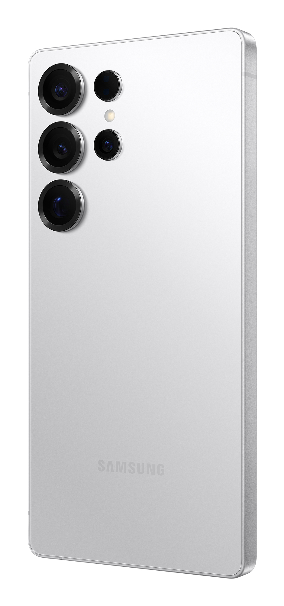 Il retro di uno smartphone argento con cinque lenti per fotocamera e il logo Samsung.
