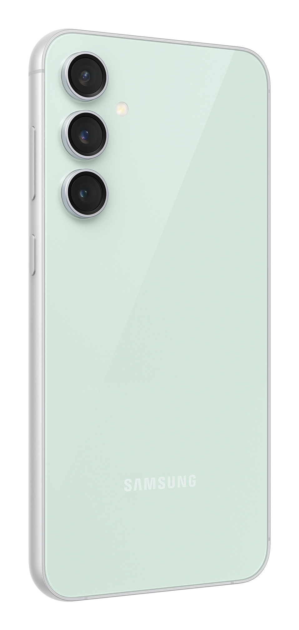 Beyaz arka planda dikey üçlü kameralı ve flaşlı nane yeşili bir Samsung akıllı telefonun arkası.