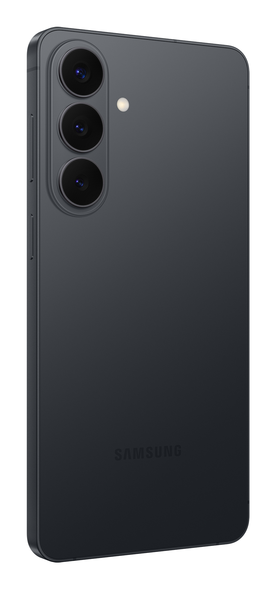 Retro di uno smartphone scuro con tre fotocamere verticali e il logo Samsung.