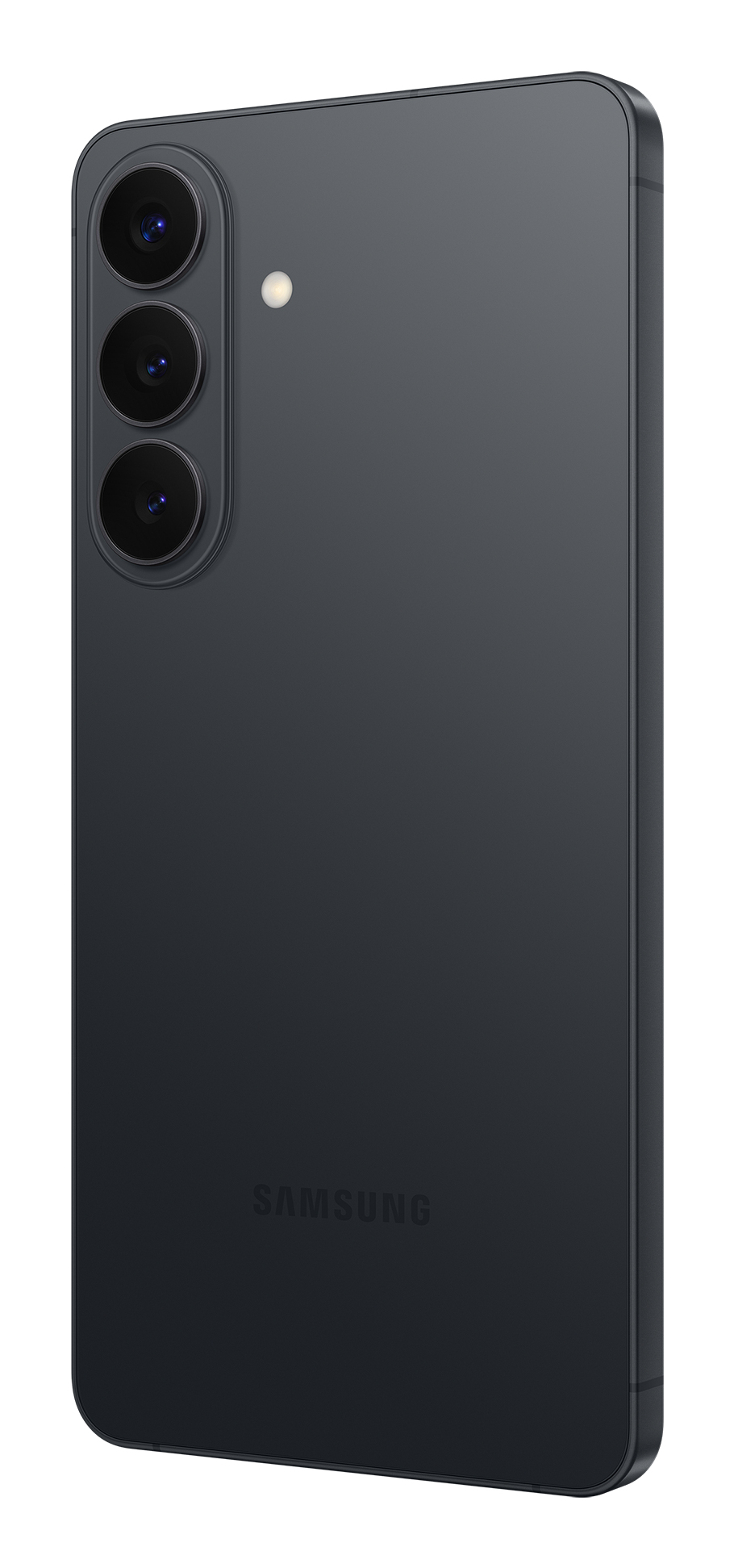 Retro di uno smartphone Samsung nero con tre fotocamere verticali e il logo Samsung.