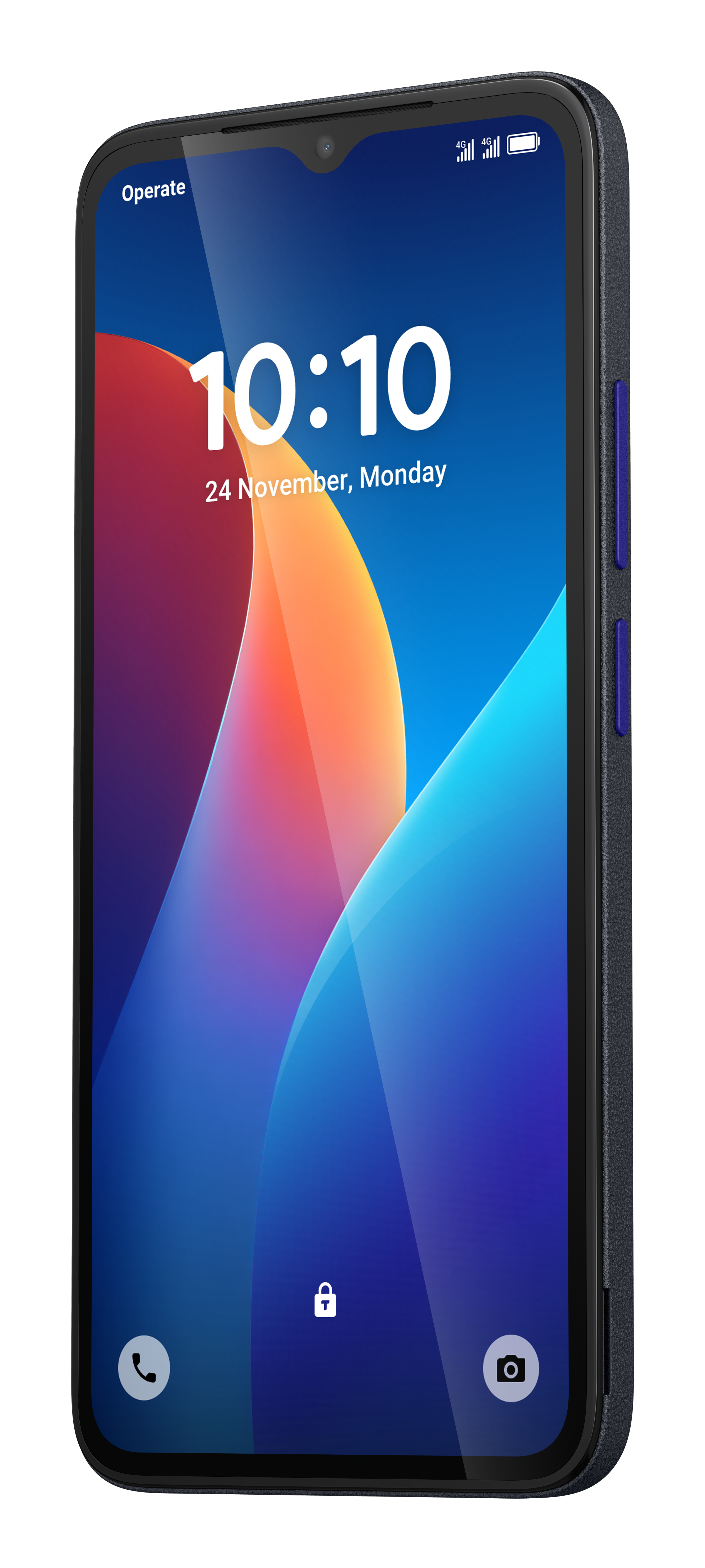 Smartphone inclinato che mostra la schermata di blocco con ora, data e sfondo colorato.