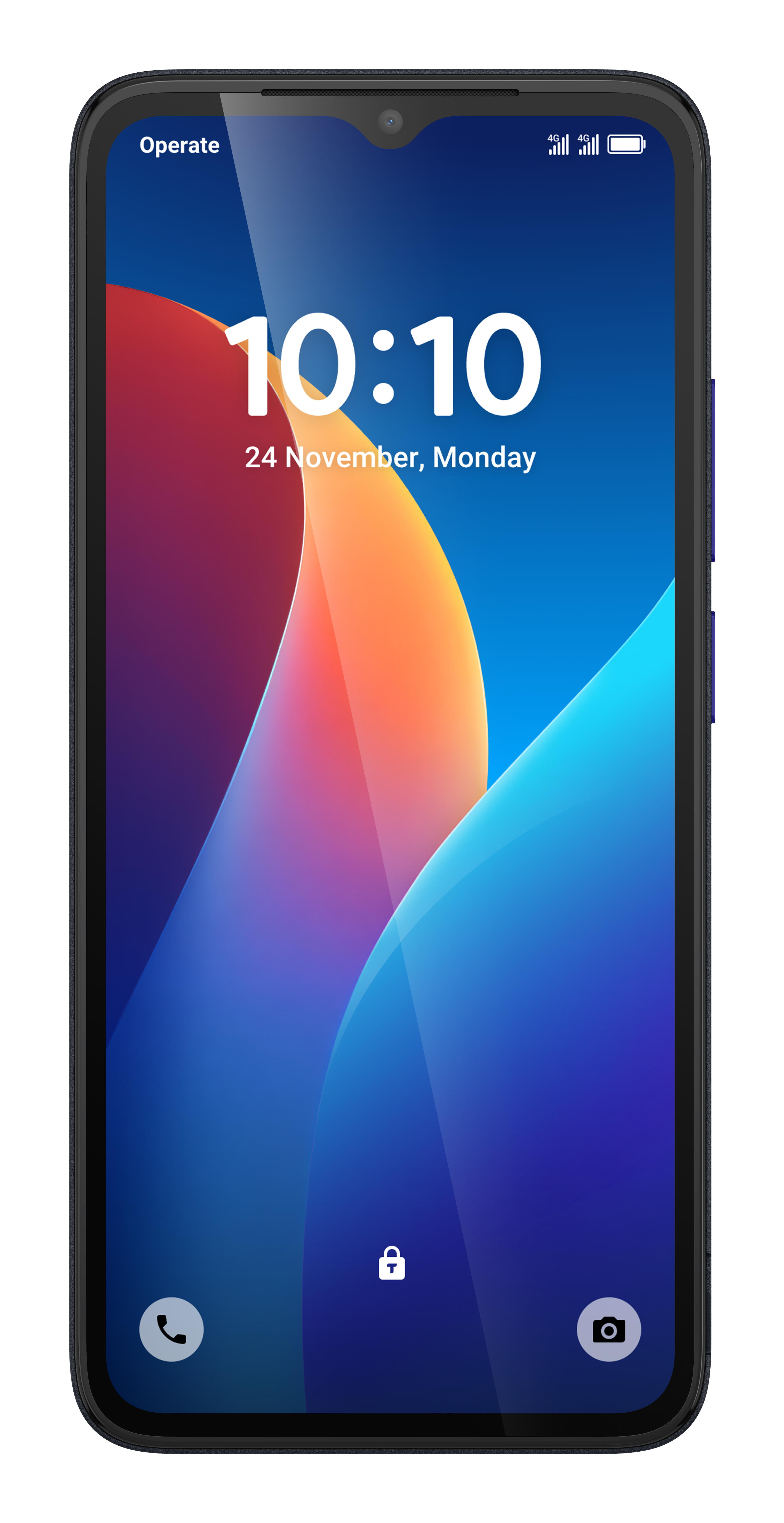 Smartphone con sfondo astratto colorato, ora, data, icone di stato e collegamenti a telefono e fotocamera.