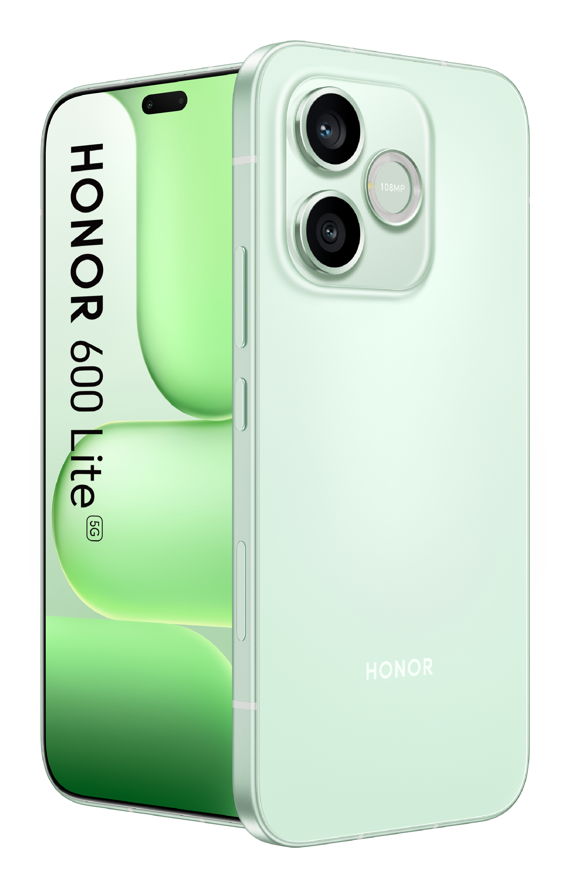 Smartphone Honor 600 Lite 5G verde claro, vista frontal y trasera con dos cámaras.