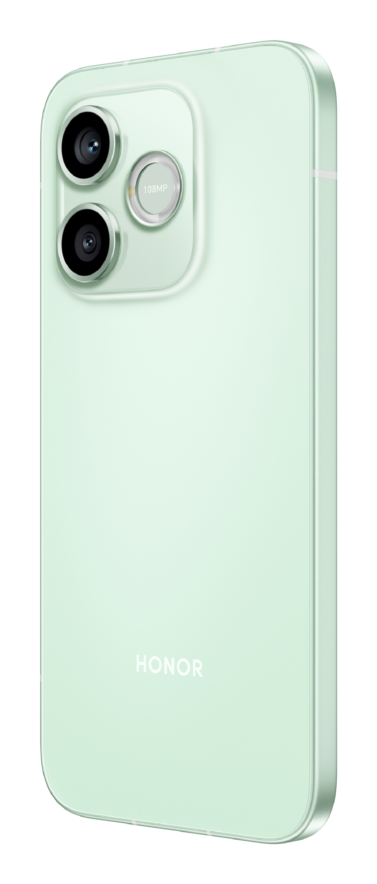 Parte trasera de un smartphone Honor verde claro con doble cámara y flash de 108MP sobre fondo blanco.
