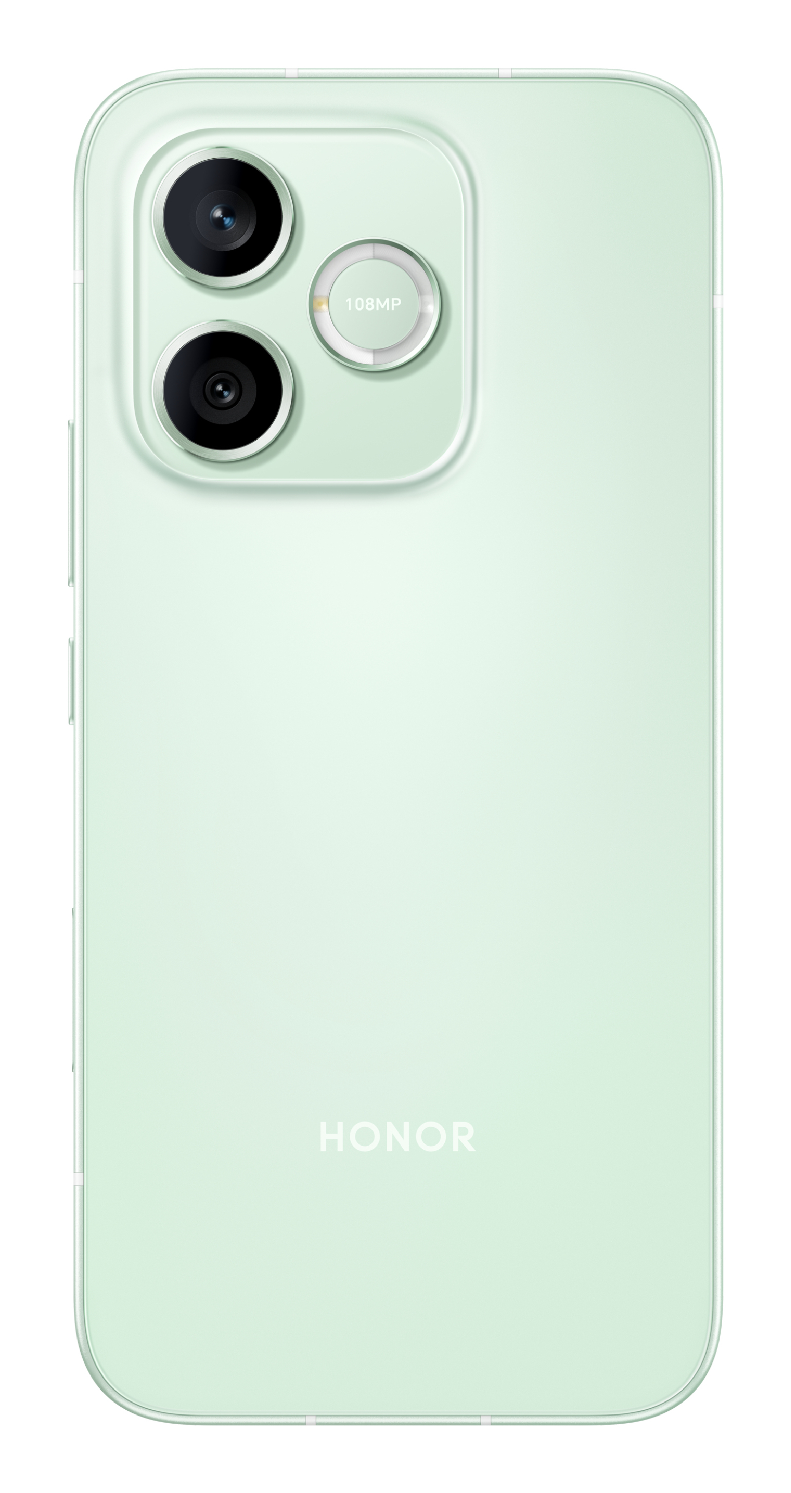 Parte trasera de un smartphone Honor verde claro con dos cámaras y flash de 108MP.