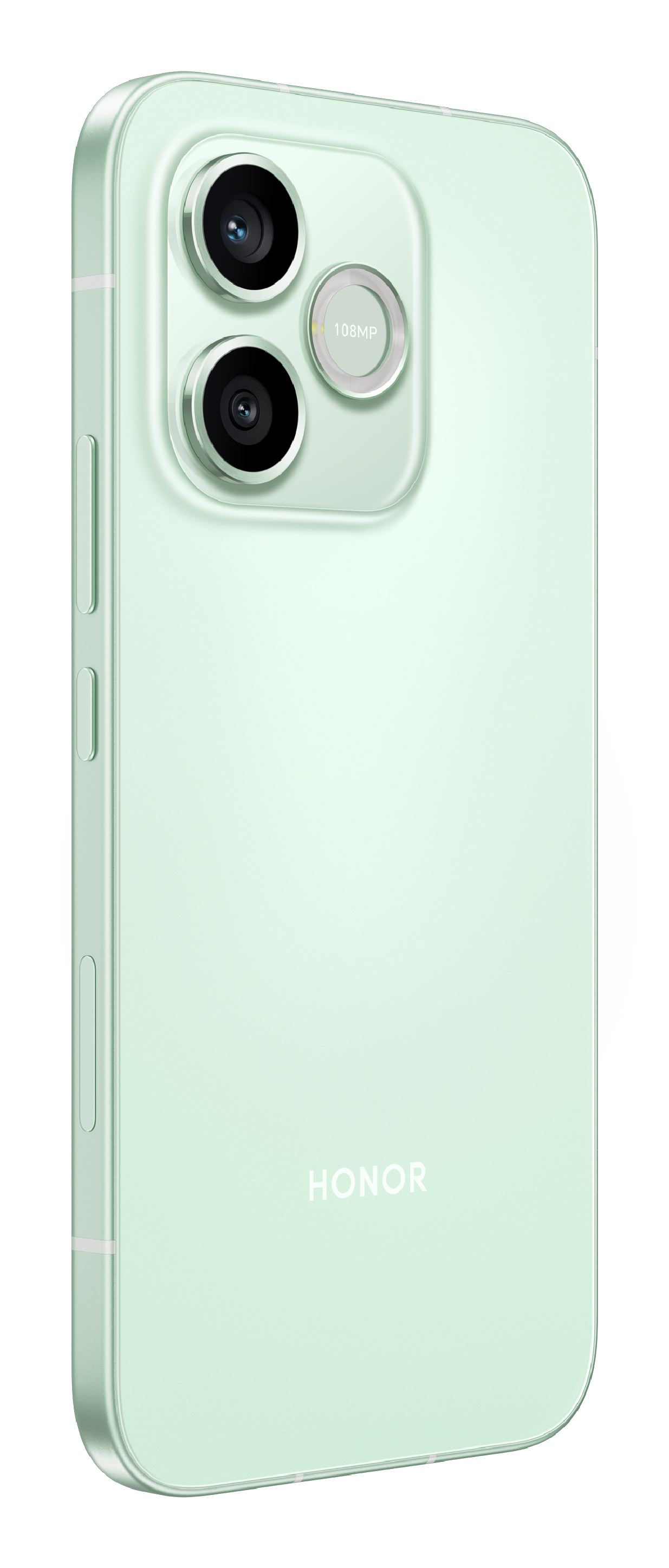 Parte trasera de un smartphone Honor verde claro con dos cámaras y flash de 108MP.