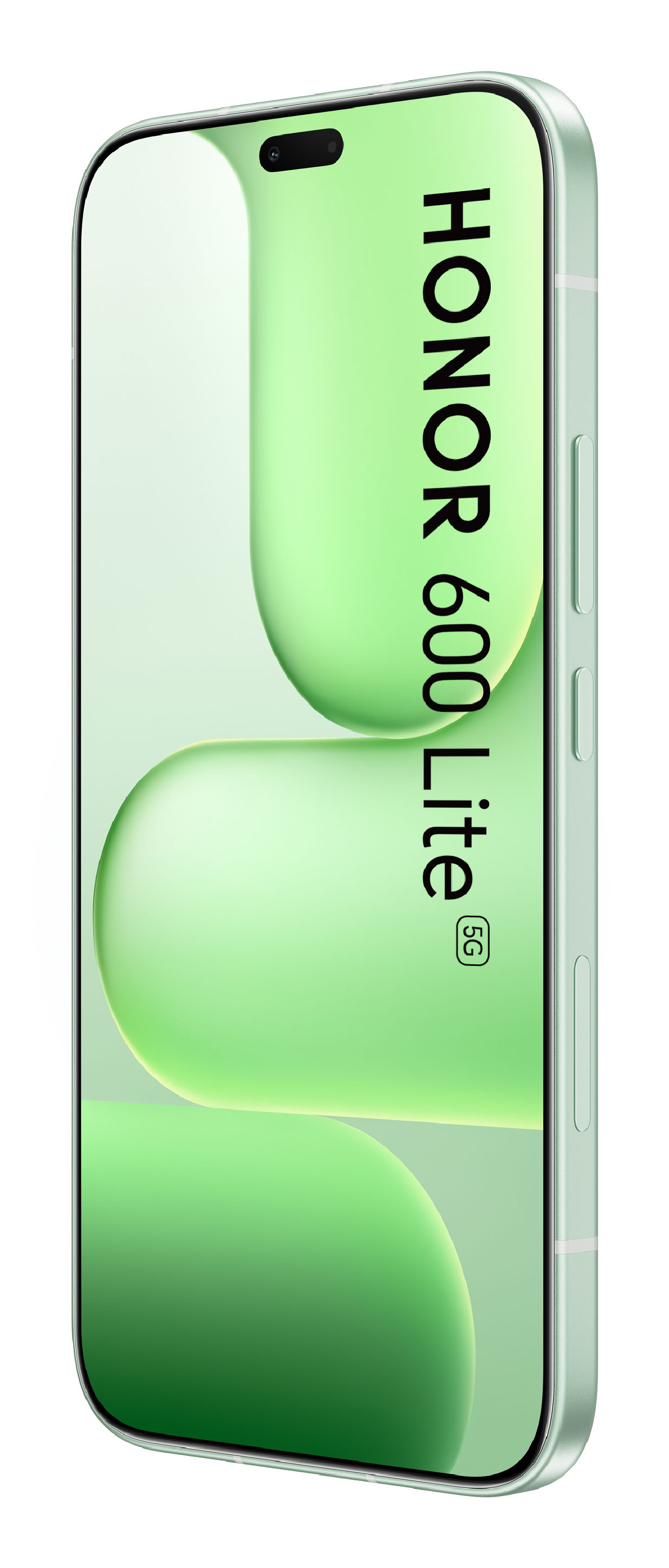 Un teléfono inteligente Honor 600 Lite 5G verde menta muestra el texto Honor 600 Lite 5G en la pantalla.