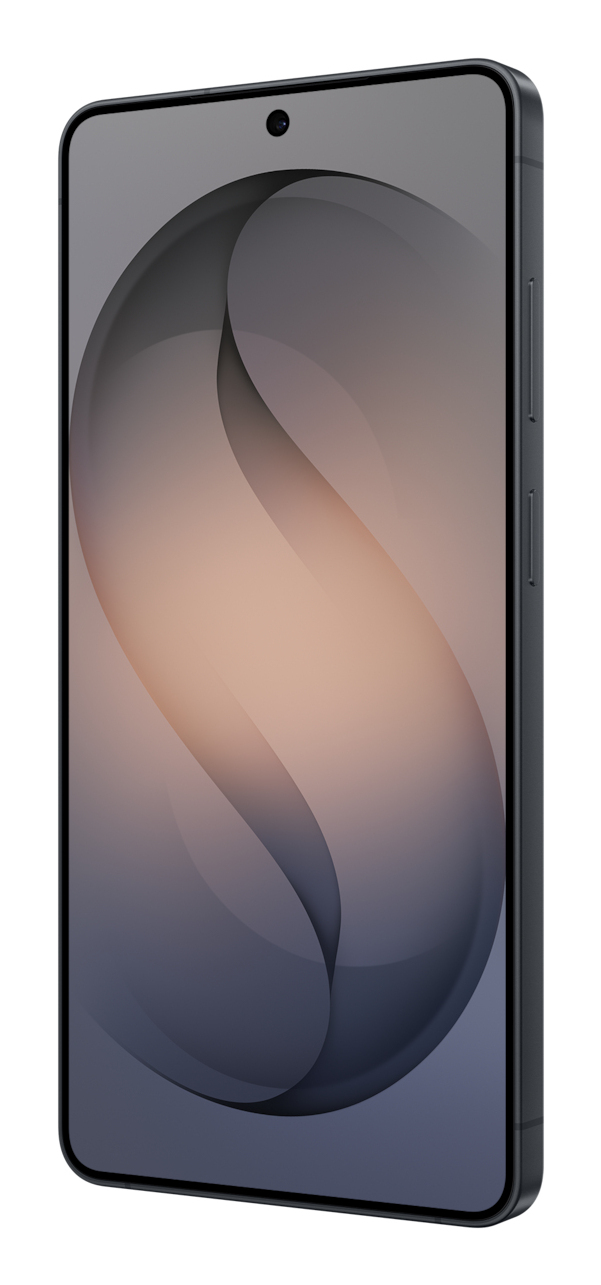 Czarny smartfon z ciemną, abstrakcyjną tapetą przedstawiającą zakrzywione kształty.