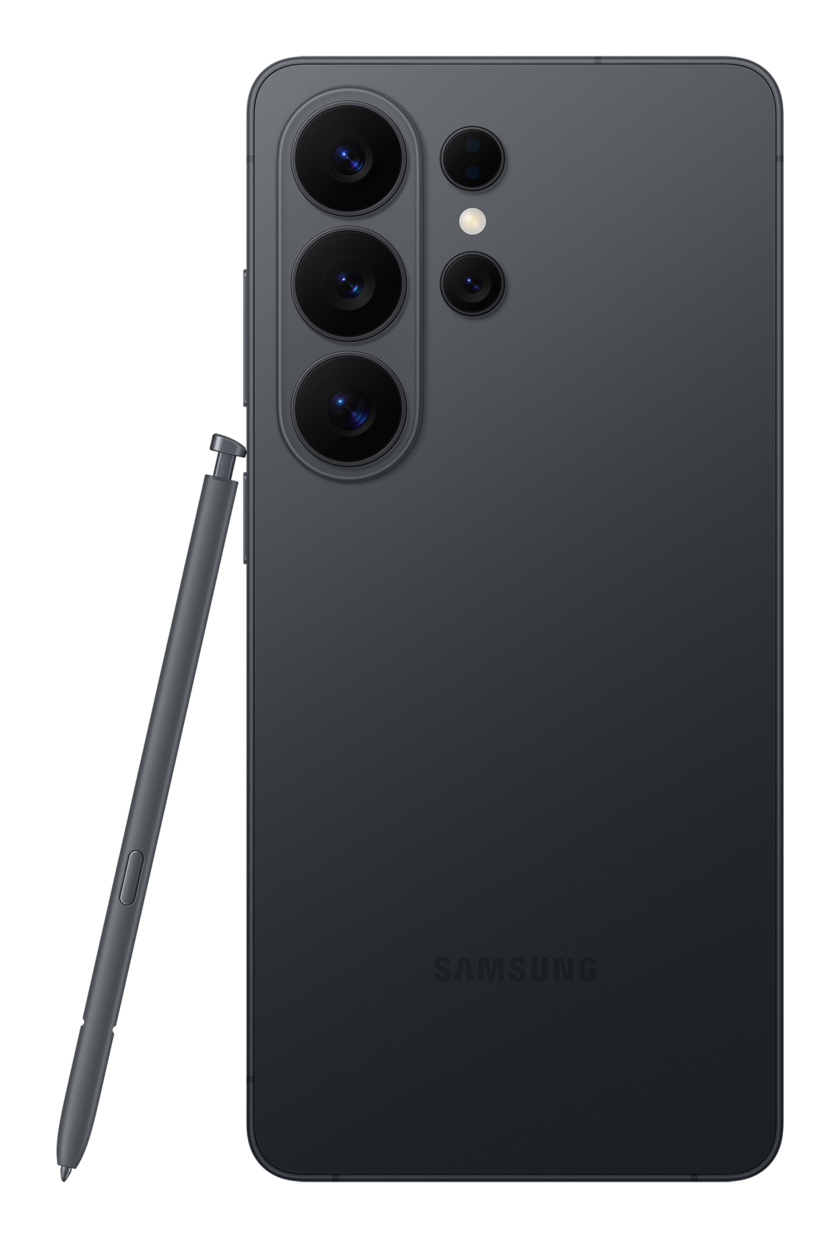 Ciemnoszary smartfon Samsung widziany od tyłu, z trzema obiektywami aparatów i rysikiem.