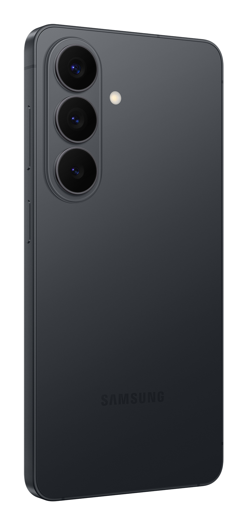 Retro di uno smartphone grigio scuro con tre obiettivi verticali e un flash, con il logo Samsung in basso.