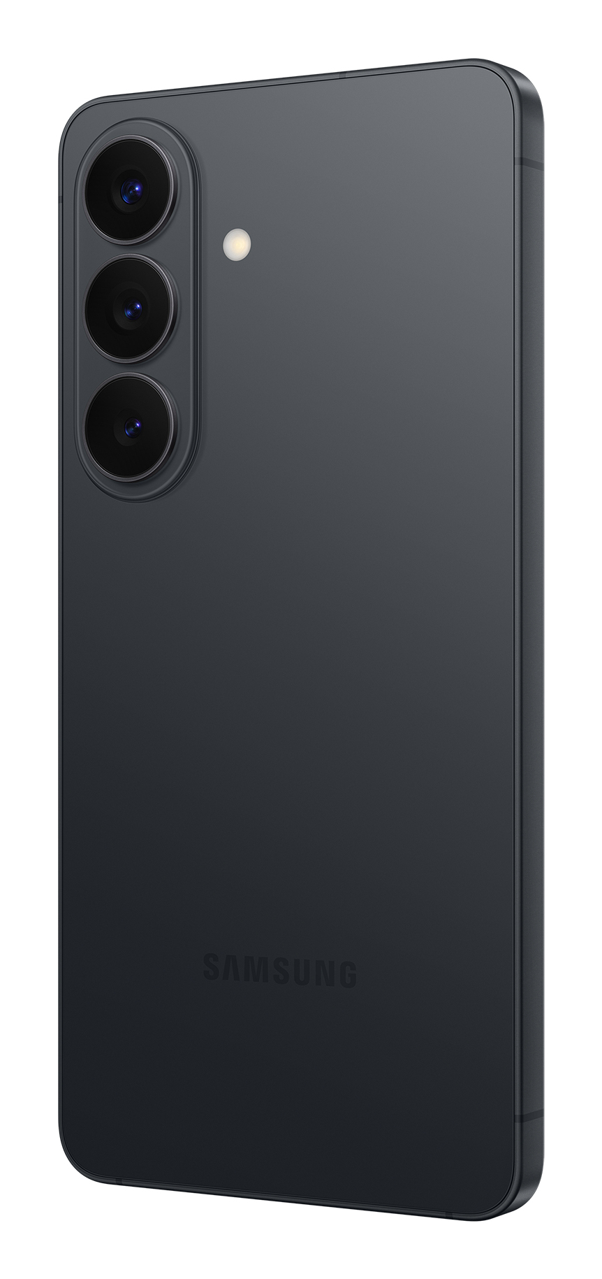 Il retro di uno smartphone Samsung scuro con tripla fotocamera verticale e flash.