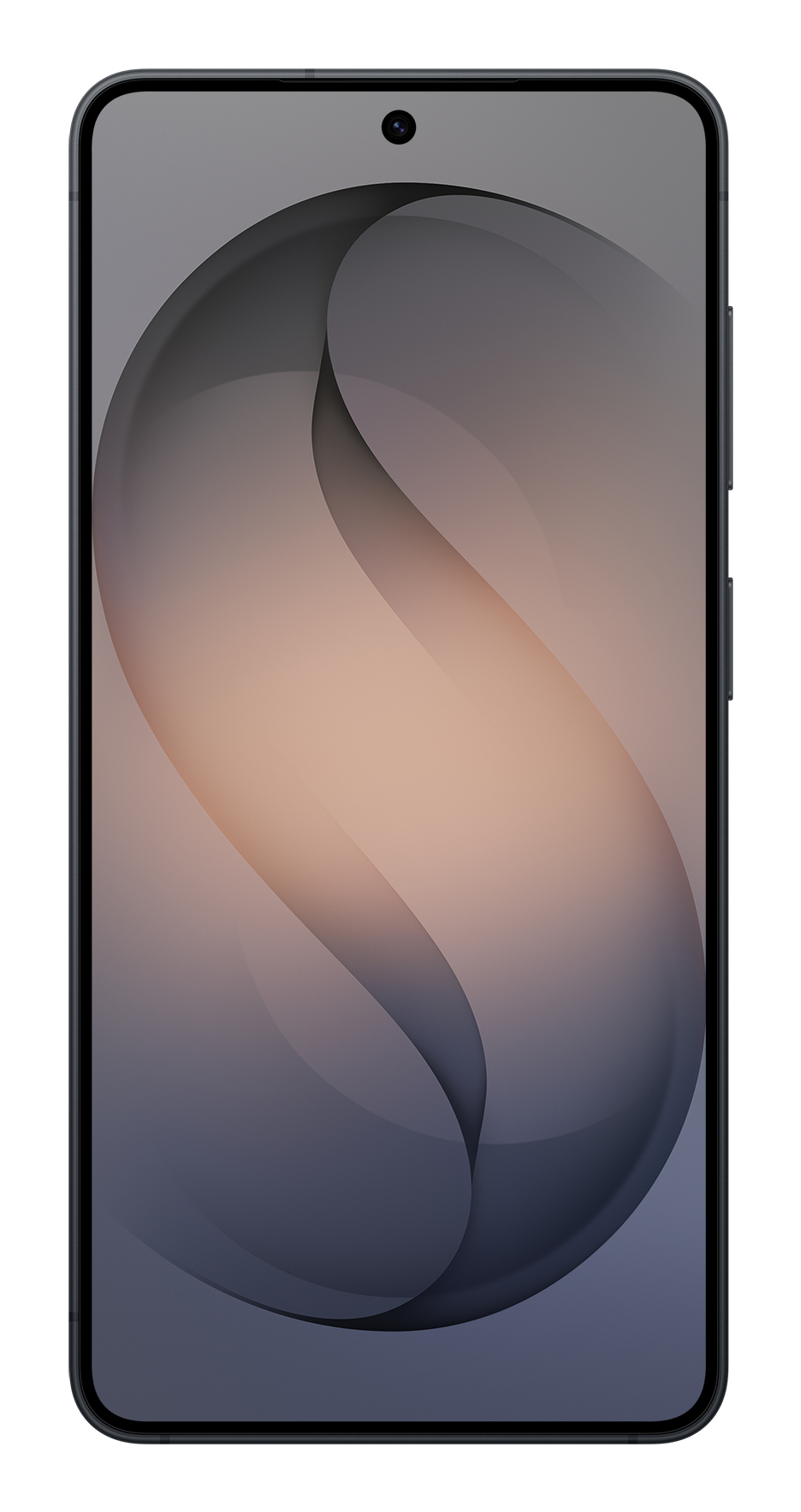 Uno smartphone con cornice scura e uno sfondo astratto e ondulato nei toni del grigio e dell'arancione.