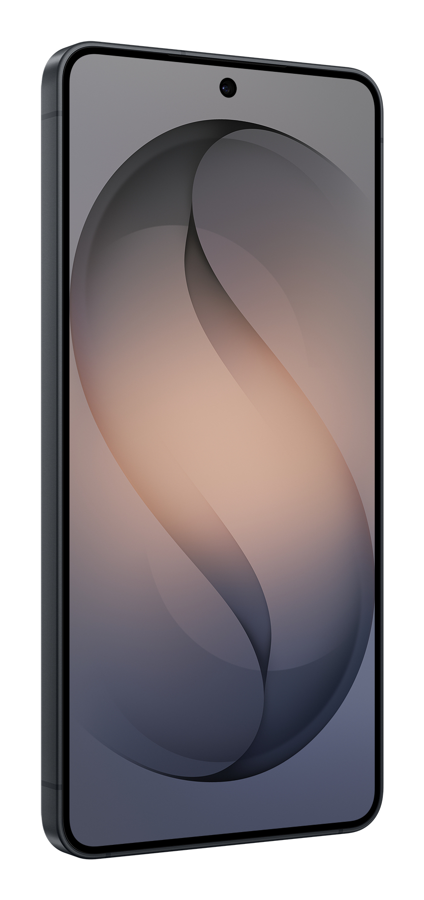 Uno smartphone moderno con cornice scura e motivo astratto e fluido sul display.