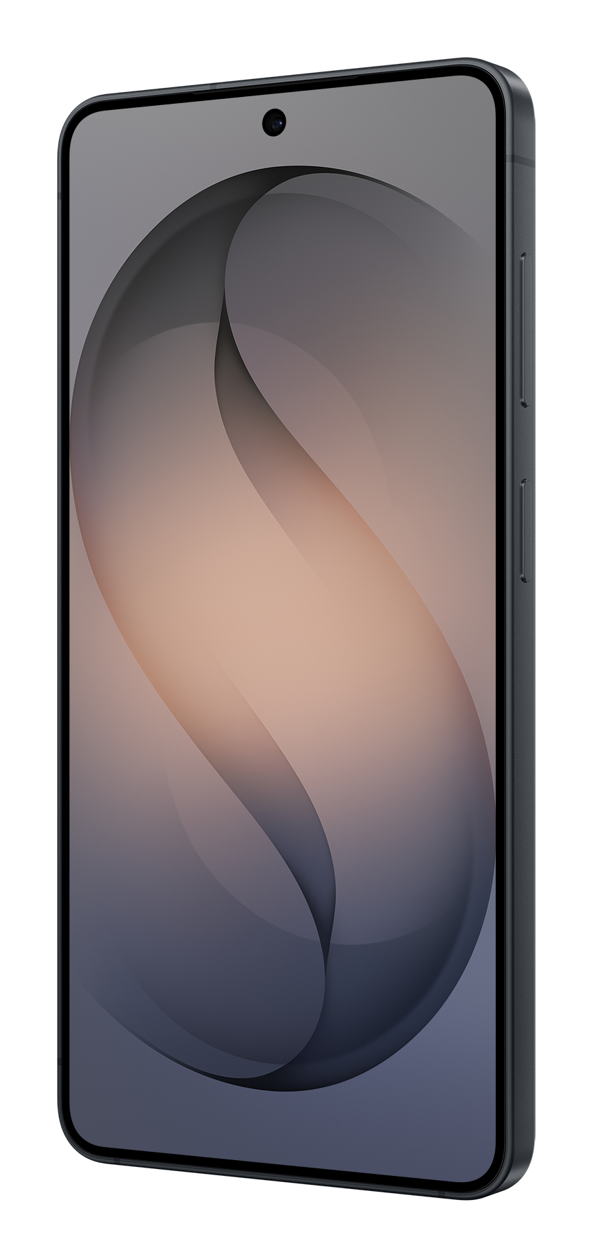 Uno smartphone con cornice scura e sfondo astratto sullo schermo mostra il suo lato destro.