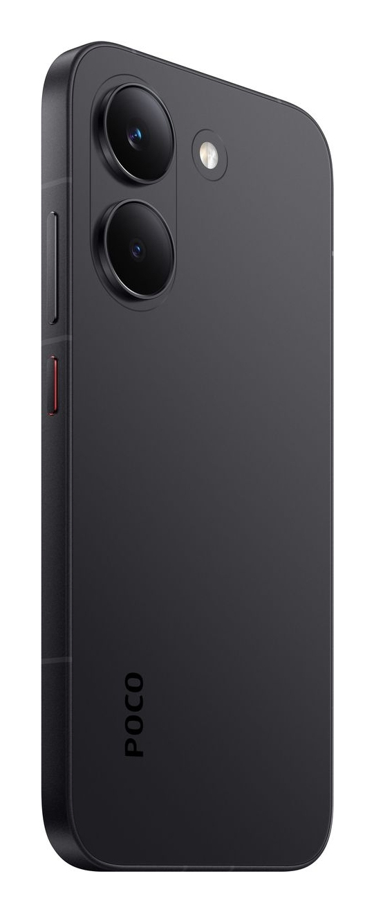 Retro di uno smartphone Poco nero con due fotocamere verticali e il logo.